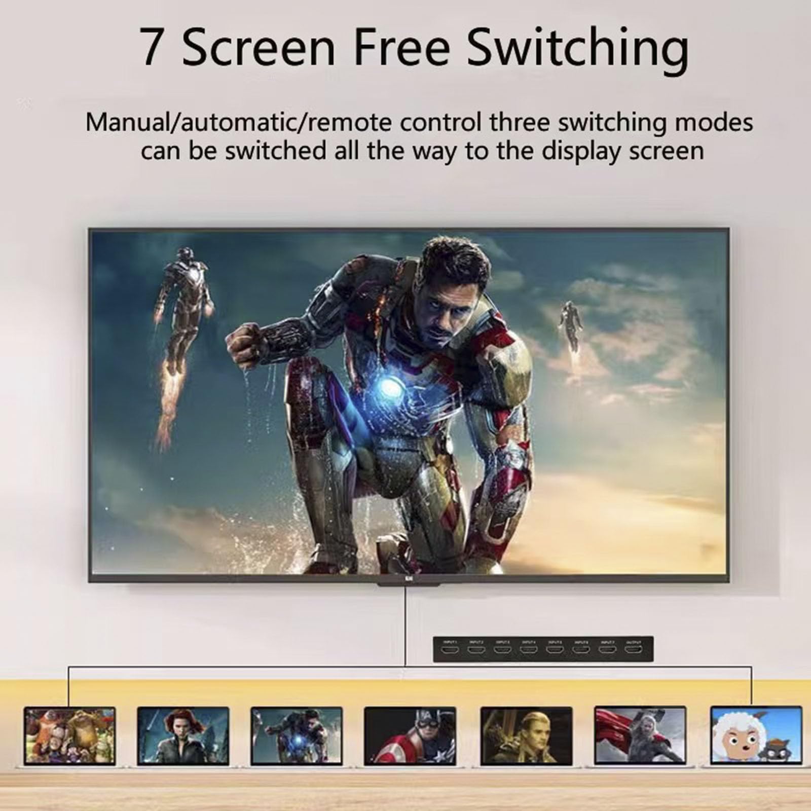 Conmutador HDMI 7 × 1 4K @60Hz 7 canales HDMI sin costuras 7 en 1 salida 【Con 1 mando a distancia IR + 1 cable de alimentación】Compatible con tecla de panel de conmutación automática HDMI2.0