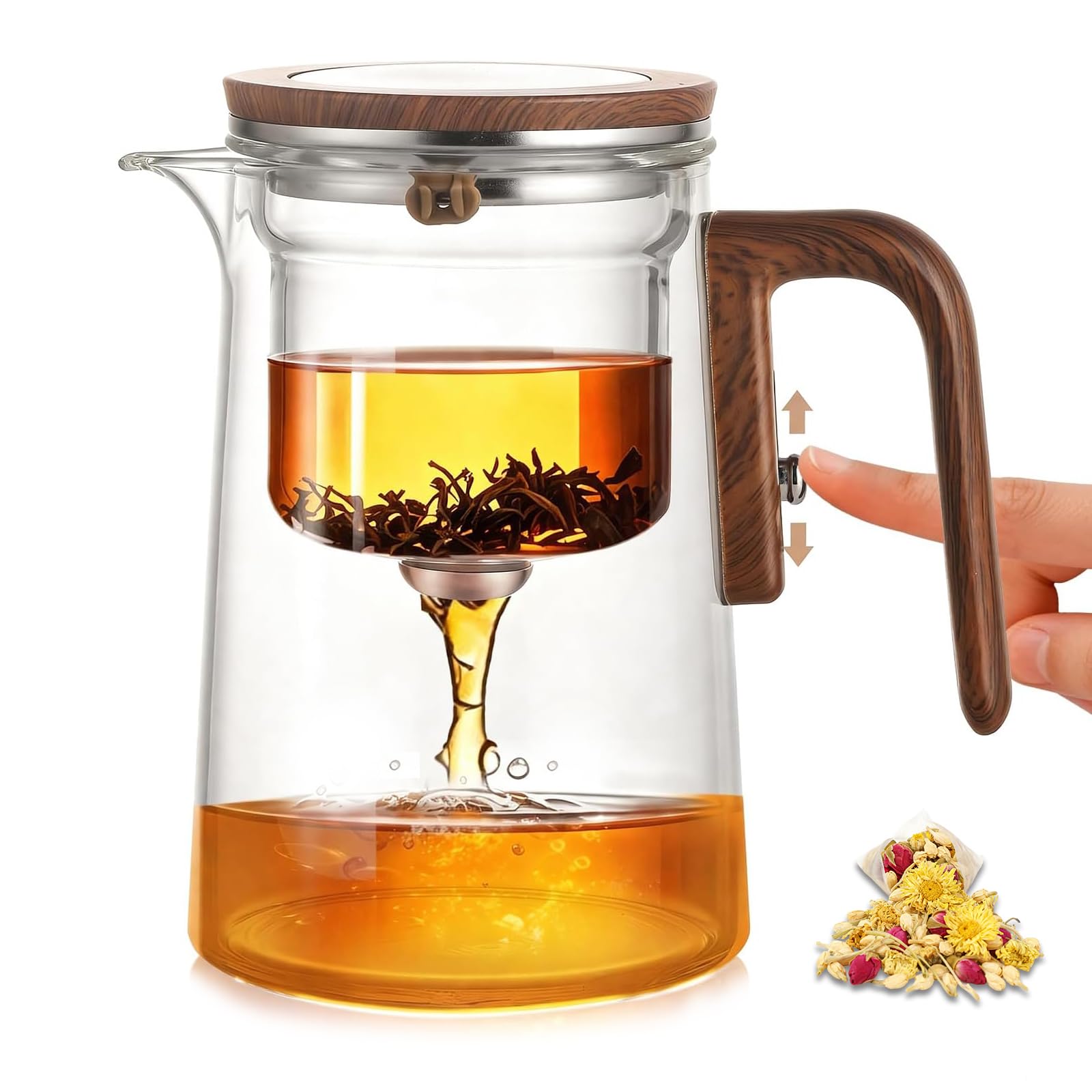 Théière Magique en Verre avec Séparation d'eau – 800 ML, Verre Borosilicate/Design Démontable/Facile à Nettoyer, Enchantipot Magic Teapot avec Poignée en Bois pour Maison, Bureau
