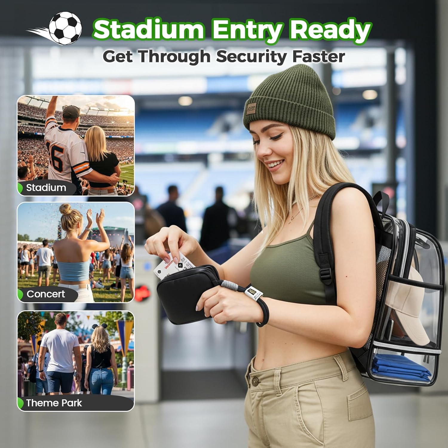 MATEIN CLASSIC TPU Clear Backpack Stadium Approved, Dual-Layer Clear Stadium Bag 12×6×12 with RFID Wristlet Pouch, Thick Transparent Backpack with Insulated Can Sleeves for Game Day Sports Festival