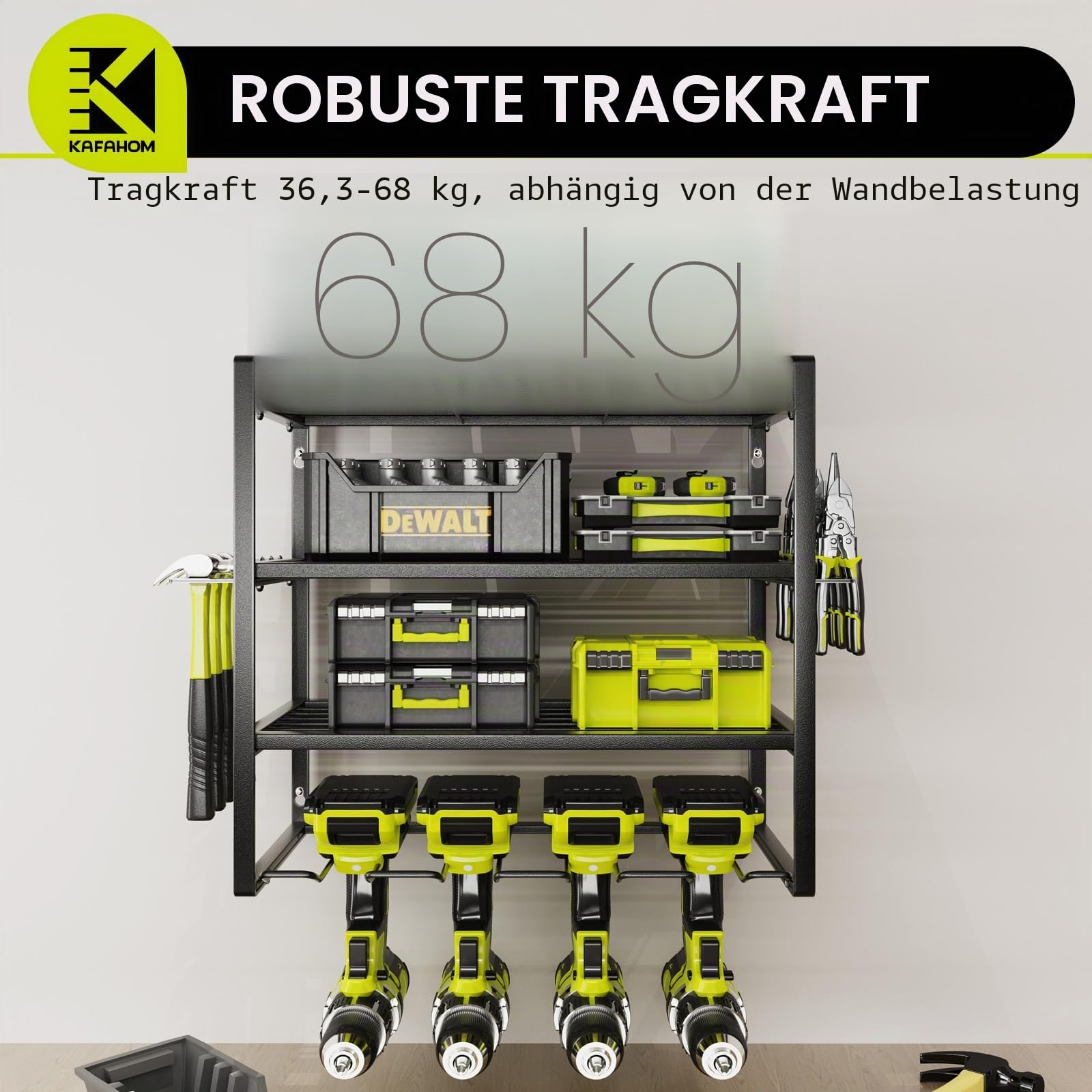 KAFAHOM 4-Ebenen Werkzeug-Wandhalterung, robuster Garagen-Werkzeug-Organizer mit Bohrerhalter für 4 Elektrowerkzeuge, Aufbewahrungsregal für Akku-Bohrer, Werkstatt-Aufbewahrung (42×20×42cm, Schwarz)