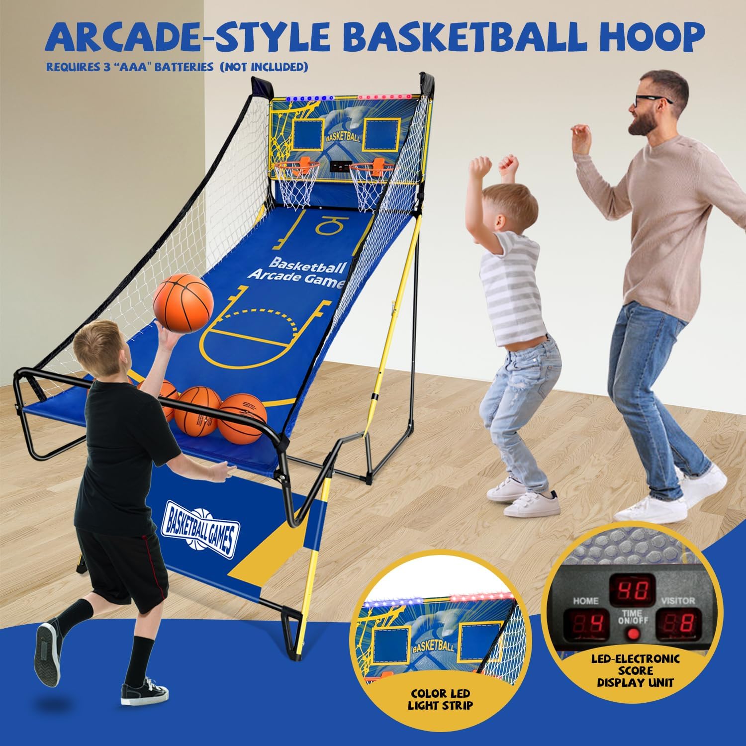 Small Arcade Basketball Game,Foldable Indoor Dual Basketball Scoring System with Sound Effects,Pump and Dual HoopsGame Modes for Family Game