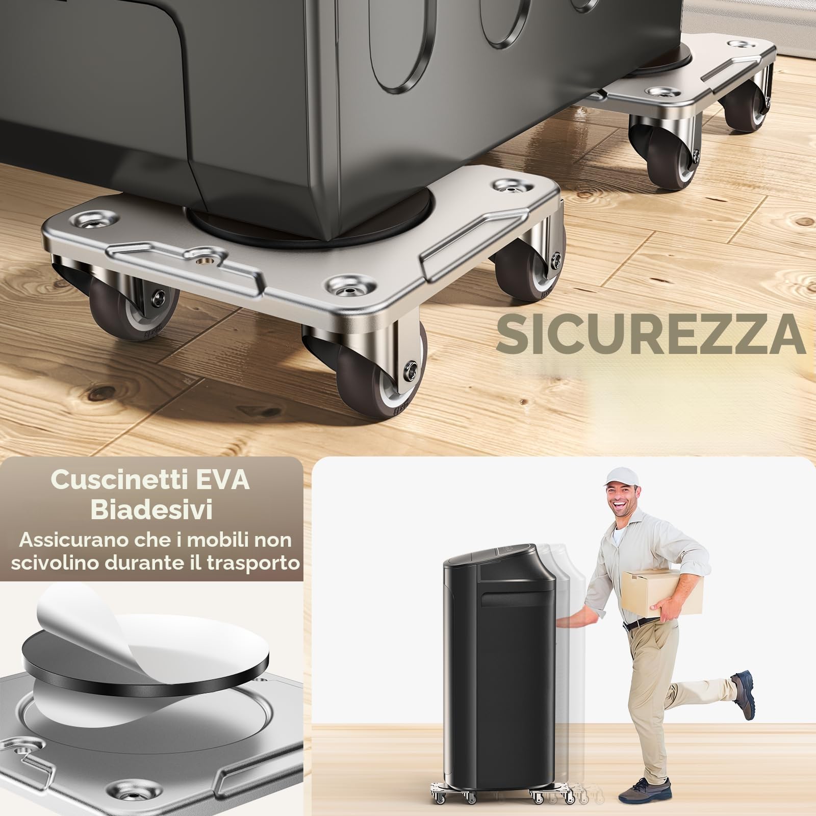 Kit Spostamento Mobili con Funzione Parking – Carrello per Mobili Pesanti con Ruote a 360°, Pannello in Acciaio al Carbonio, Portata 500 kg, Collocazione Sicura e Stabile nel Tempo