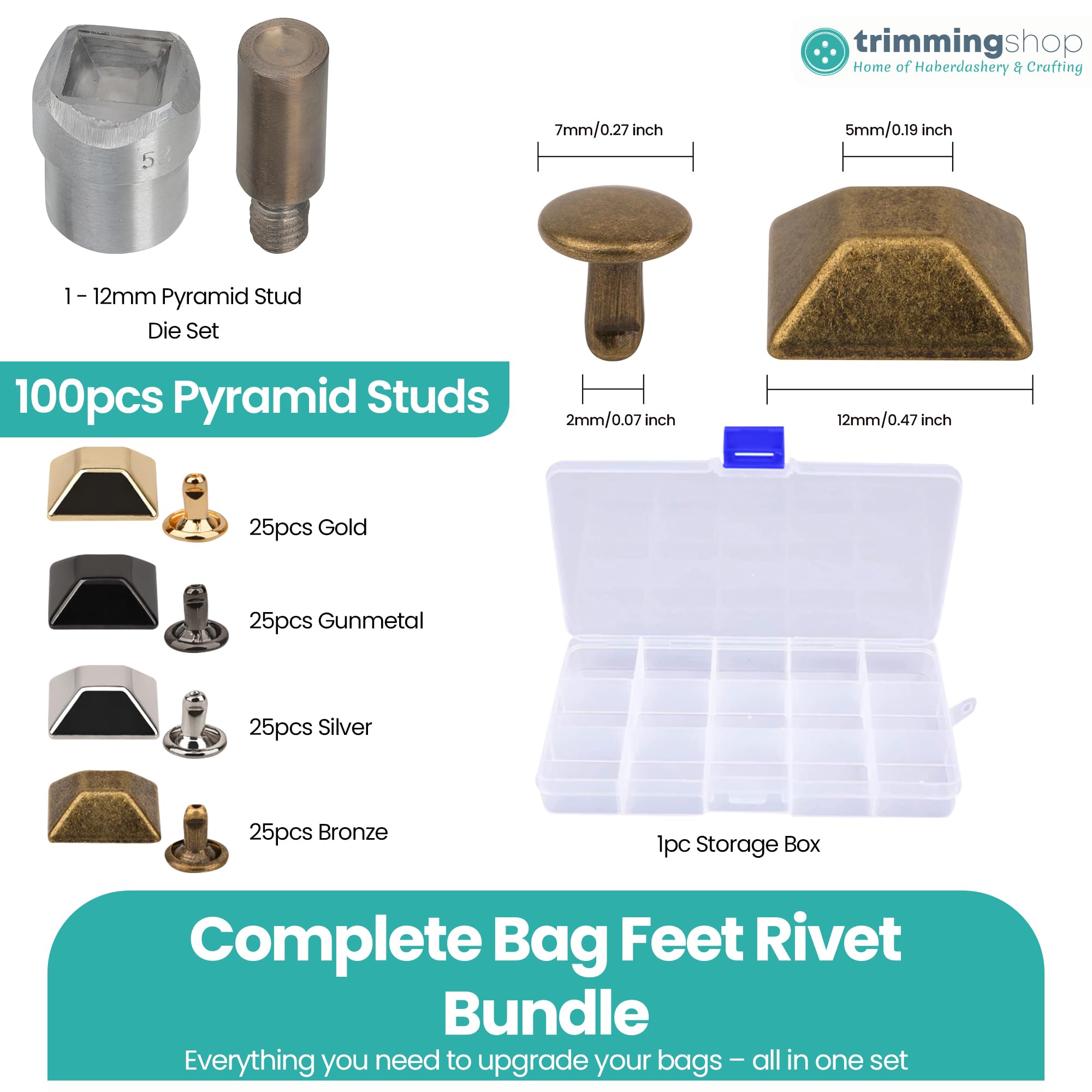 Trimming Shop Paquete de patas piramidales de 12 mm con troquel y caja de almacenamiento, 100 tachuelas de metal para bolso y bolsos, remaches inferiores de bolsa piramidal para kit de manualidades de