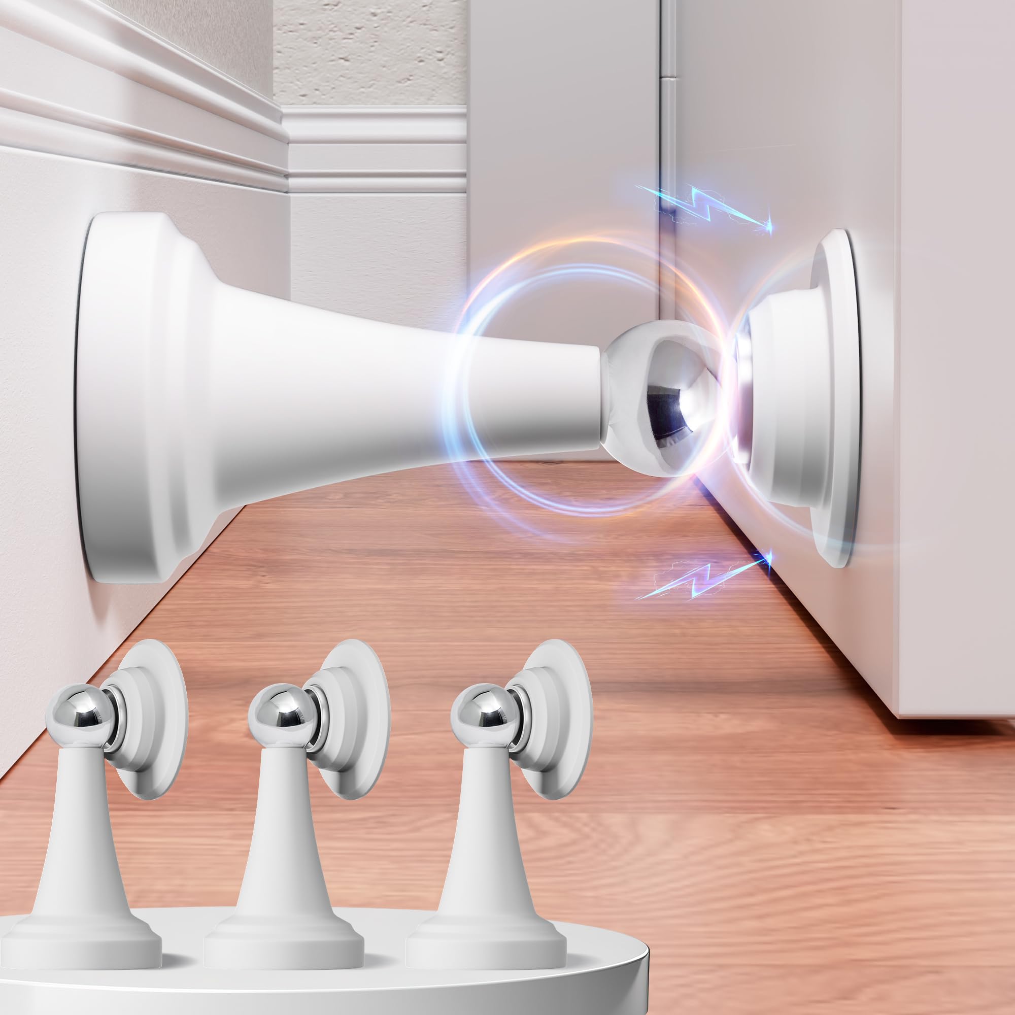 Topes magnéticos para puerta, acero inoxidable y goma, para montaje en pared y suelo, tope de puerta sin taladrar con cintas adhesivas, blanco, paquete de 4
