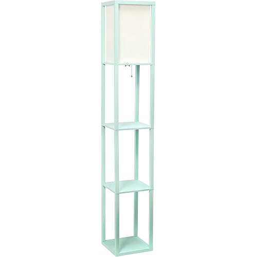 Simple Designs LF1014-WHT Etagere Organizer Storage Shelf Linen Shade Floor Lamp, White