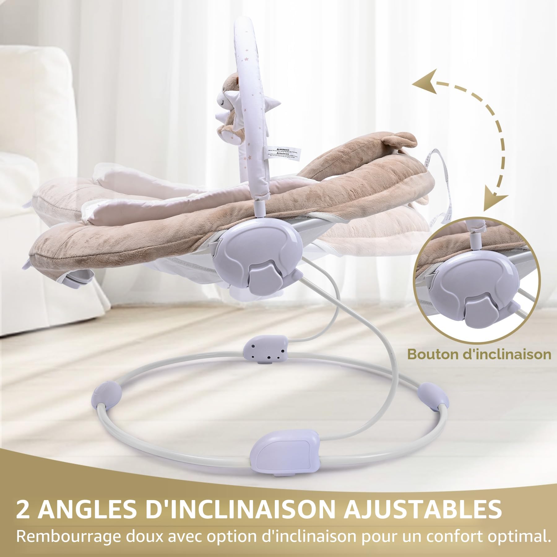LADIDA Transat pour bébé rembourré en peluche avec vibrations et mélodies apaisantes, bruit blanc, barres de jouets amovibles avec jouets mignons 0m+ Marron (078)