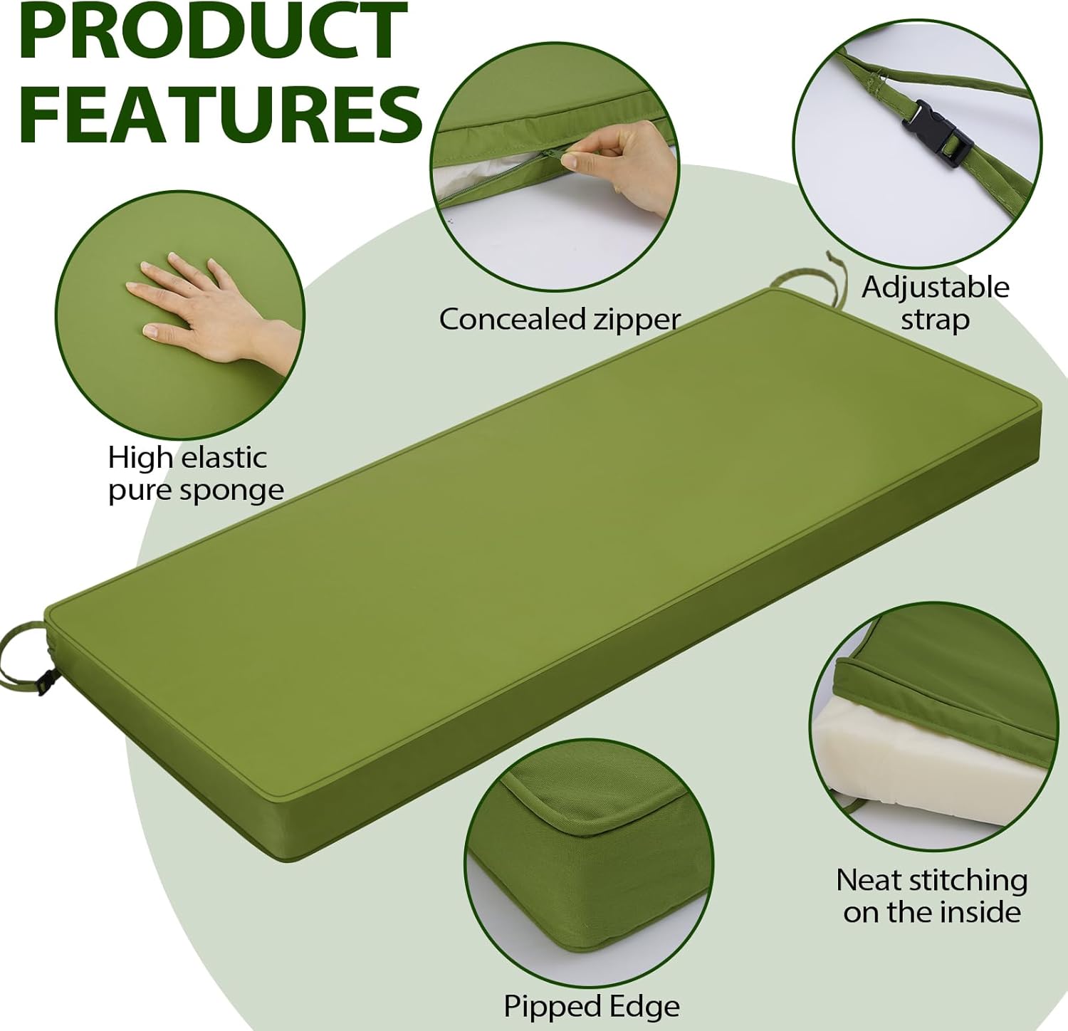 Mrsenloi Outdoor Bench Cushion 48x18x3 Inch with Ties, Thick Waterproof Porch Swing Cushions for Patio Furniture Chair Pad, Seat Sofa Garden Replacement Cushion Sponge Filling