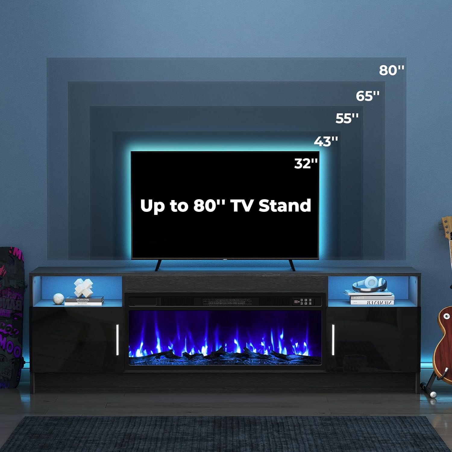 Fireplace TV Stand, 70 inch TV Stand with 36" Electric Fireplace, LED Light Entertainment Center with High Glossy Door, TV Console for Living Room, Black