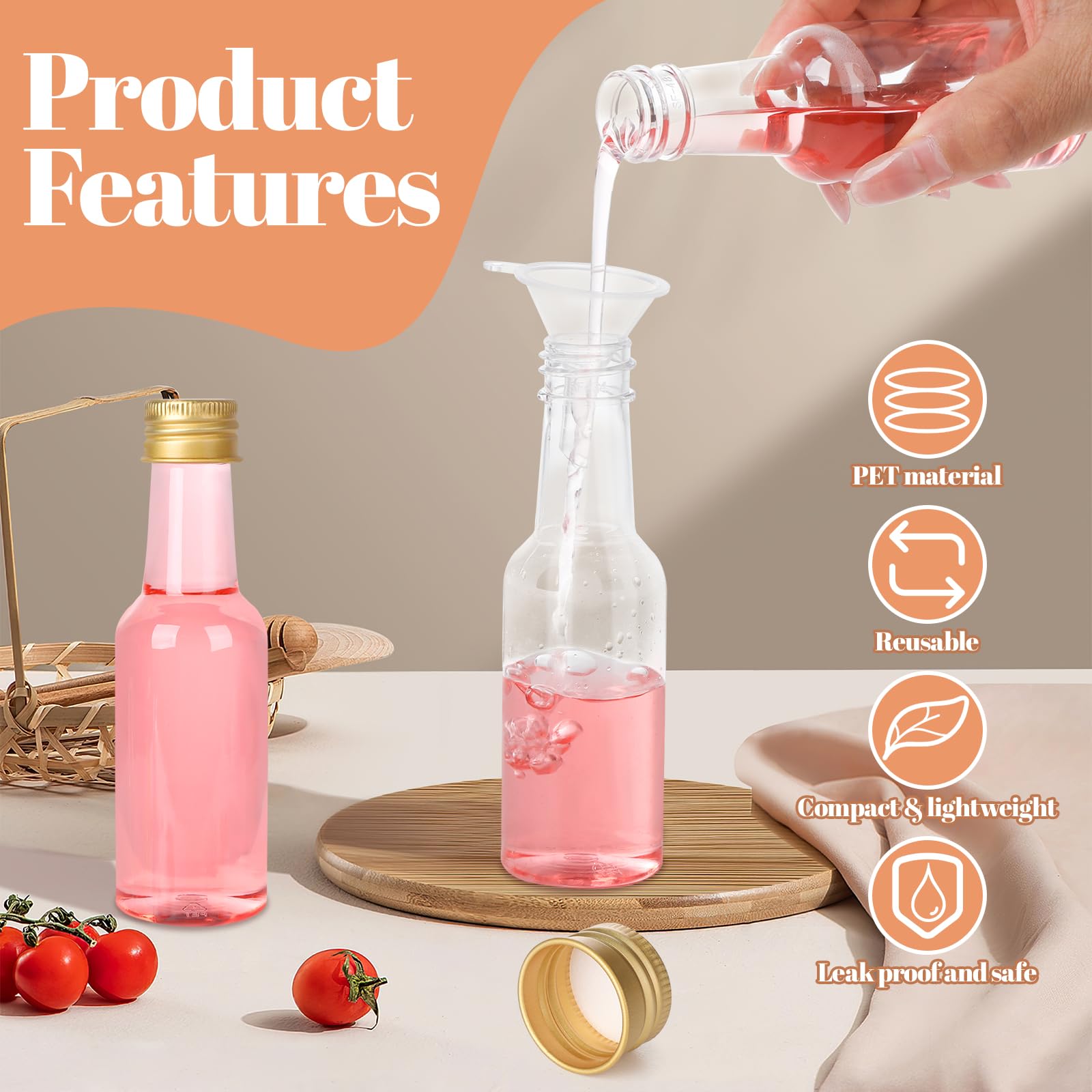 50 Pezzi Mini Bottiglie Alcolici Bomboniere, Bottigliette Liquore Mignon da 25-30 ml, Piccole Bottiglie di Plastica con Penna, Etichette, Imbuto e Pennello per Matrimoni, Feste e Whisky