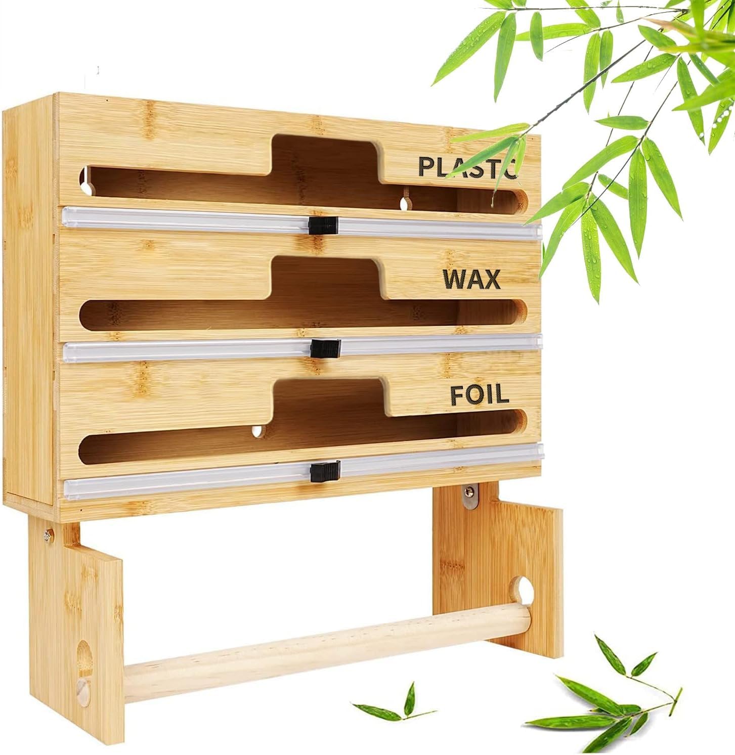 Distributeur de film plastique avec cutter, organiseur 4 en 1 pour papier d'aluminium et papier essuie-tout, solution de rangement et d'organisation de cuisine en bambou, style 2