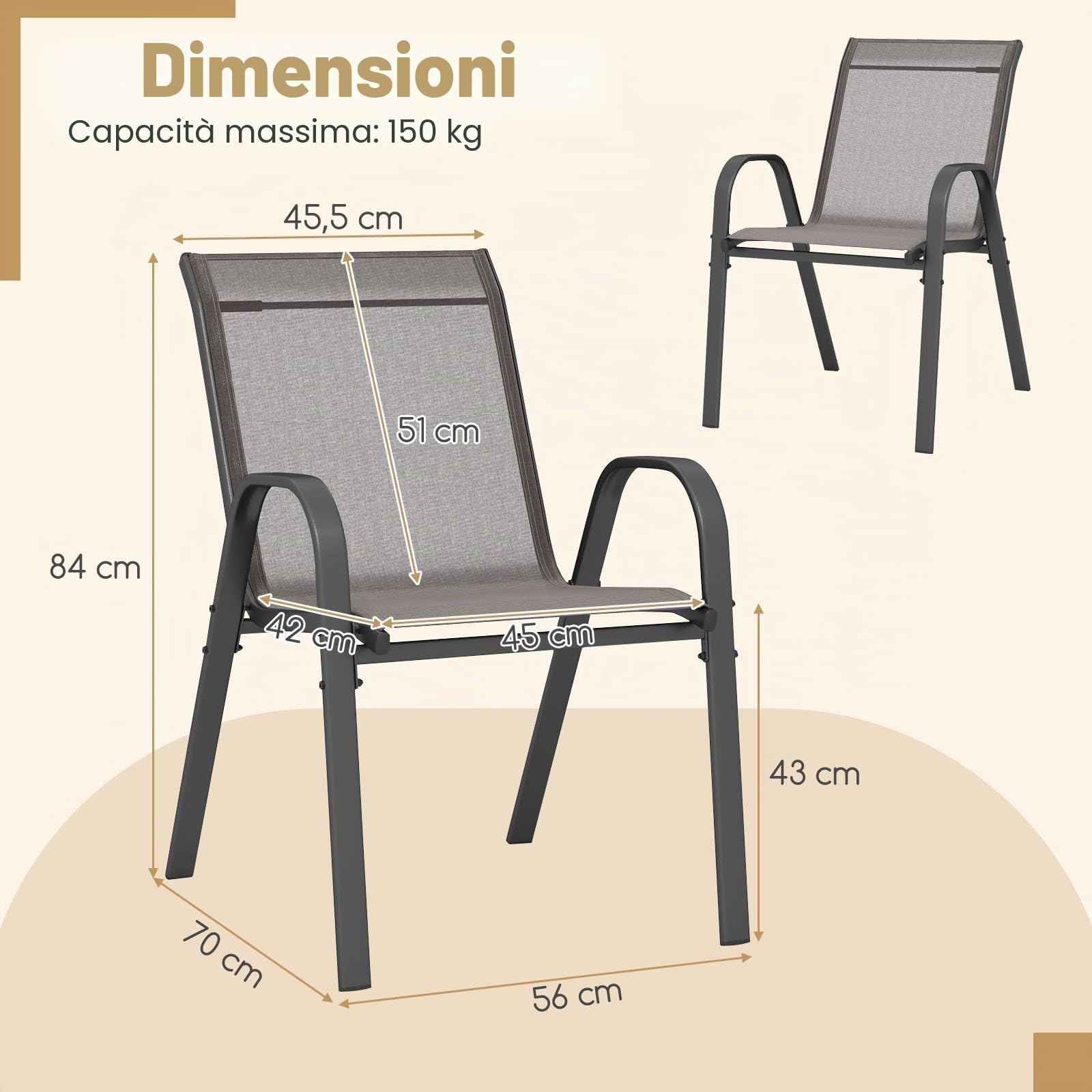 FANTASK Sedie da giardino impilabili, da terrazza, da balcone in textilene e struttura in metallo, set da 4 sedie impilabili con braccioli, portata fino a 150 kg, 56 x 70 x 84 cm (grigio)
