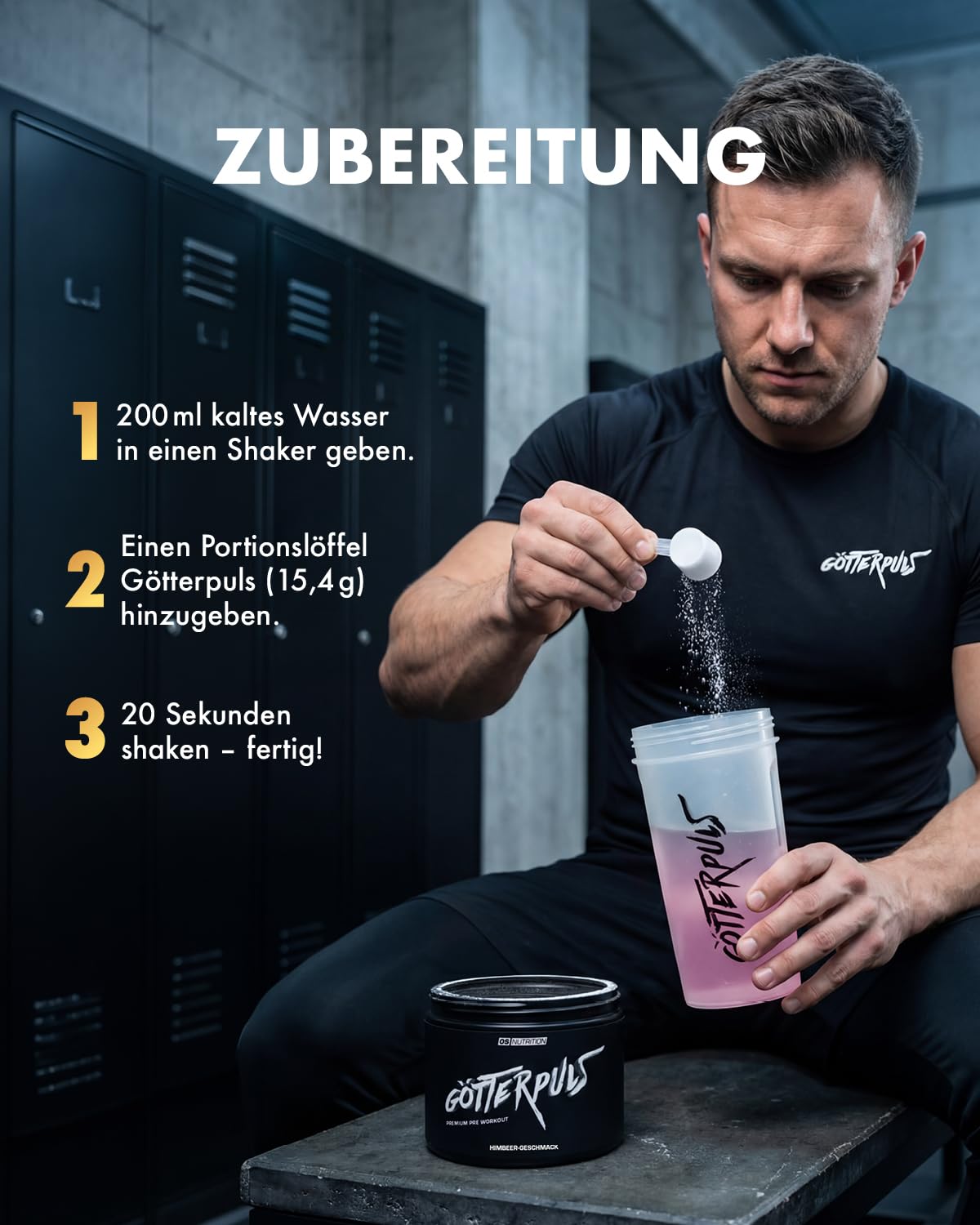 Götterpuls Pre Workout 308g Pulver Himbeere | Mit L-Citrullin, AAKG & Beta-Alanin – 200mg Koffein pro Portion – Für Fitness & Kraftsport – Vegan – 20 Portionen