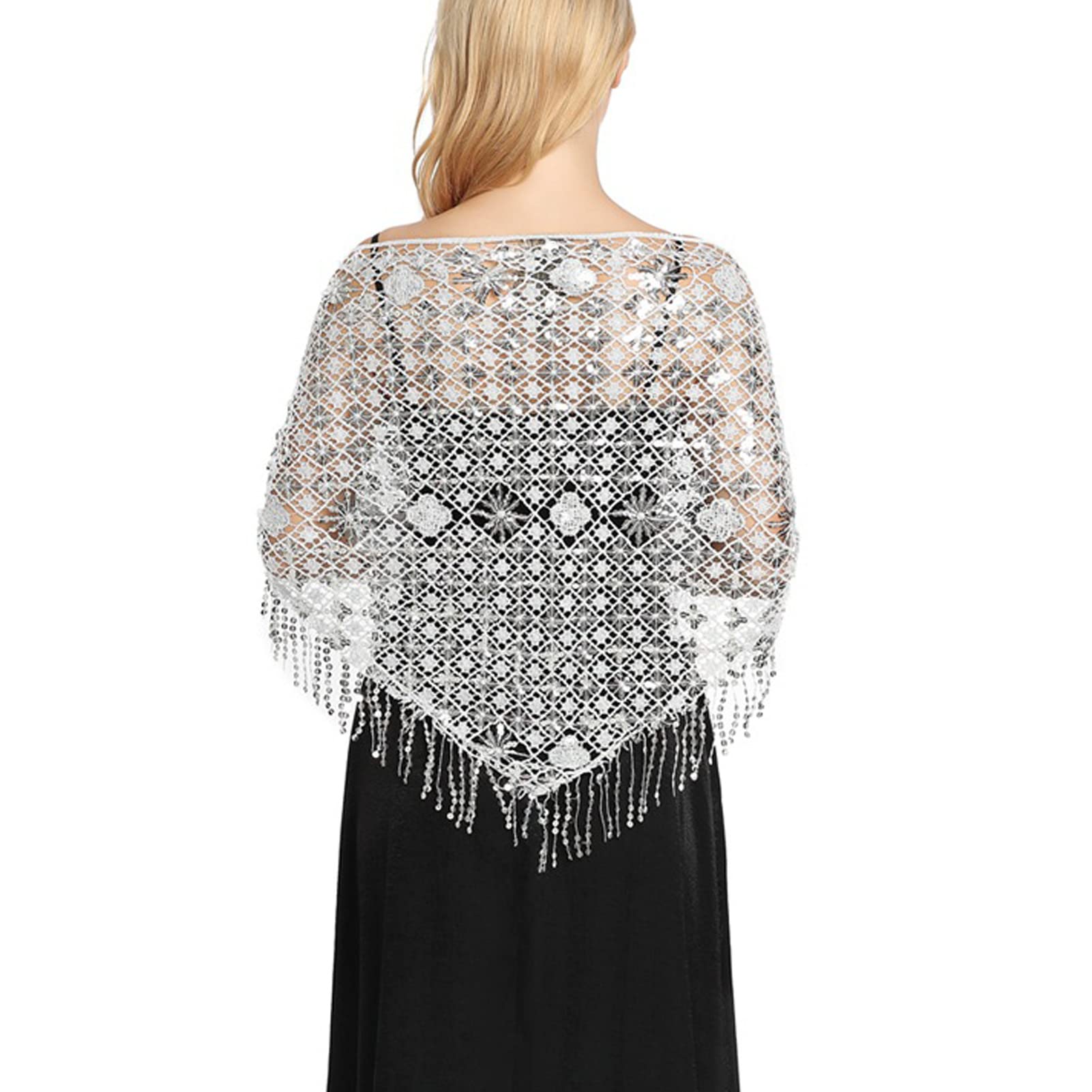 Bufandas de chal triangular de encaje floral para mujer Bufanda de fiesta con borlas de verano para dama Mantones de lentejuelas para novia para vestidos de fiesta de noche de boda 04-135-175 CM (2