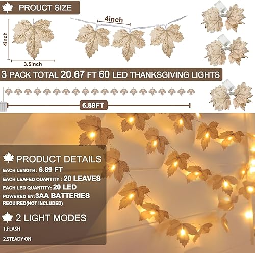 Miniatura 3 de 3 Pack Thanksgiving Decorations - Thanksgiving Garland with Lights Fall Decorations for Home, Total 20Ft 60LED Thick Lighted Maples Leafed Fall