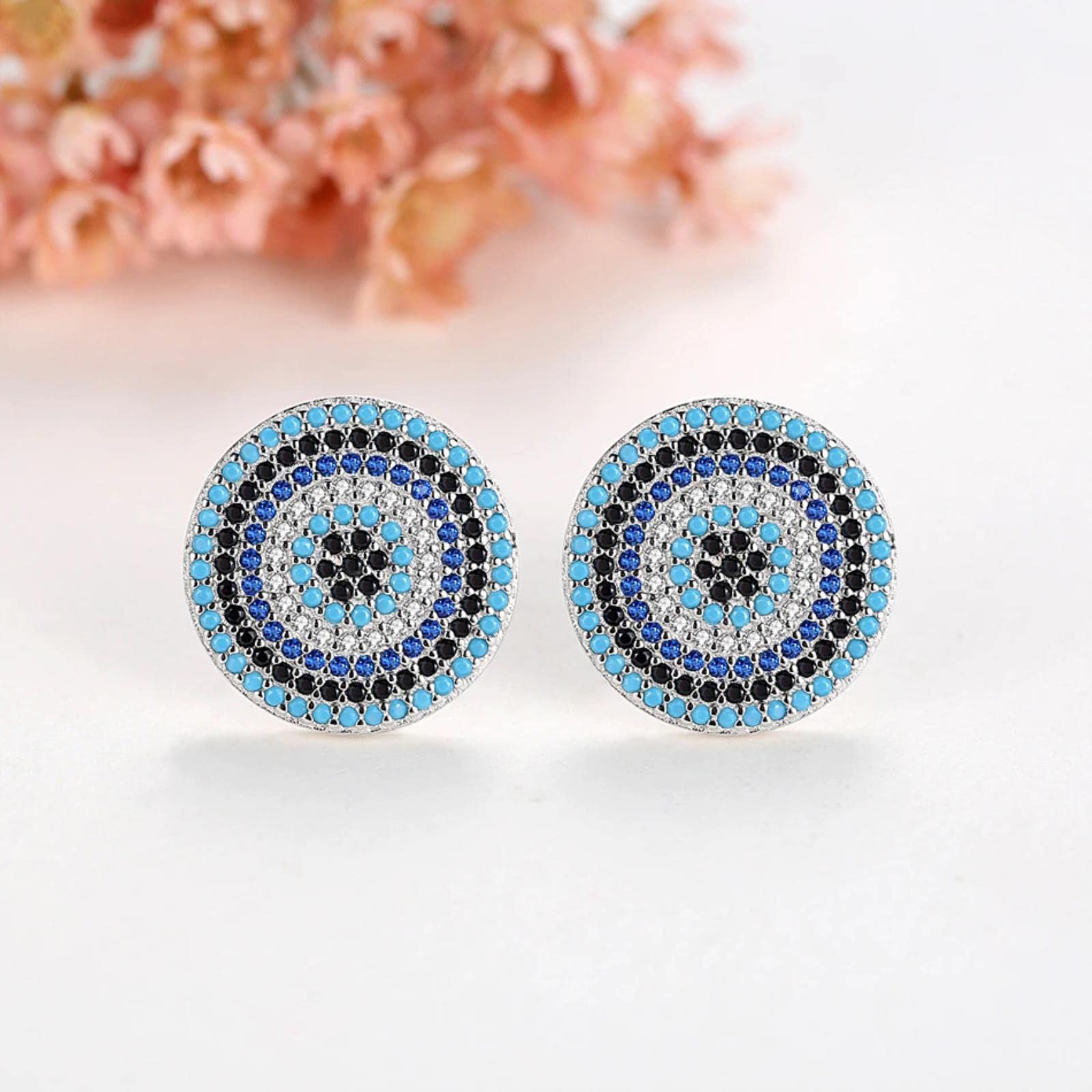 Lucky Turkish Evil Eye Pendientes para Mujer Plata De Ley 925 Big Bule Stone Crystal Stud Pendientes Joyería De Moda