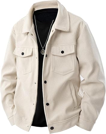 Mens Casual Corduroy Jackets Lightweight Button Up Jacket Collared Long Sleeve Shacket with Pockets
