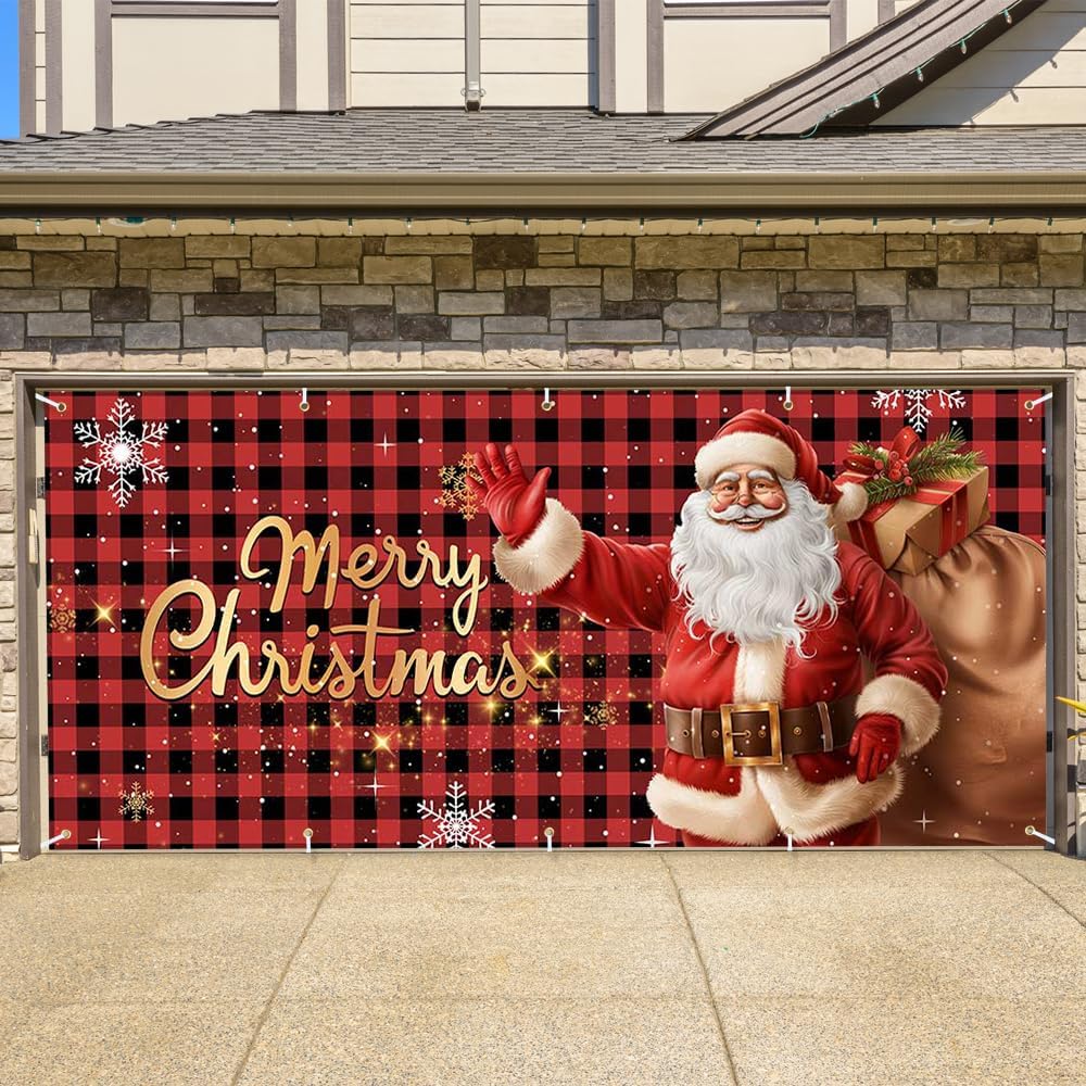 Christmas 2-Car Santa Claus Garage Door Cover - Large Outdoor Holiday Decoration Double Car Garage Banner - Festive Merry Christmas Plaid Decor 7x16ft