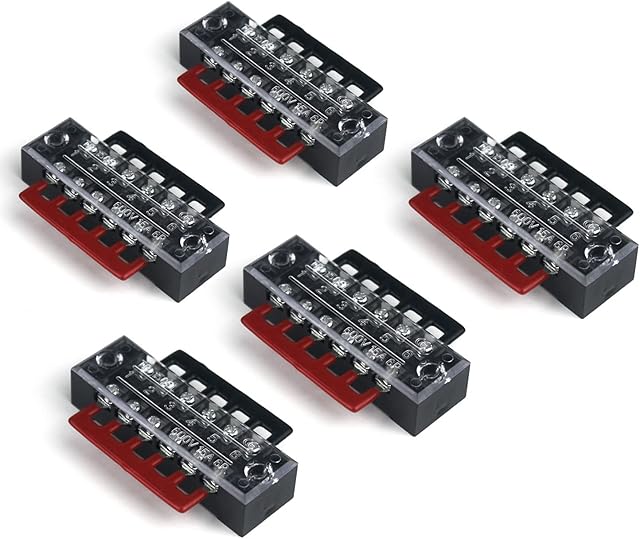 YUSHIBO 15pcs(5 Sets) Dual Row 6 Position Screw Barrier Terminal Block 600V 15A + 400V 15A 6 Postions Pre Insulated Terminal Barrier Strip Red/Black