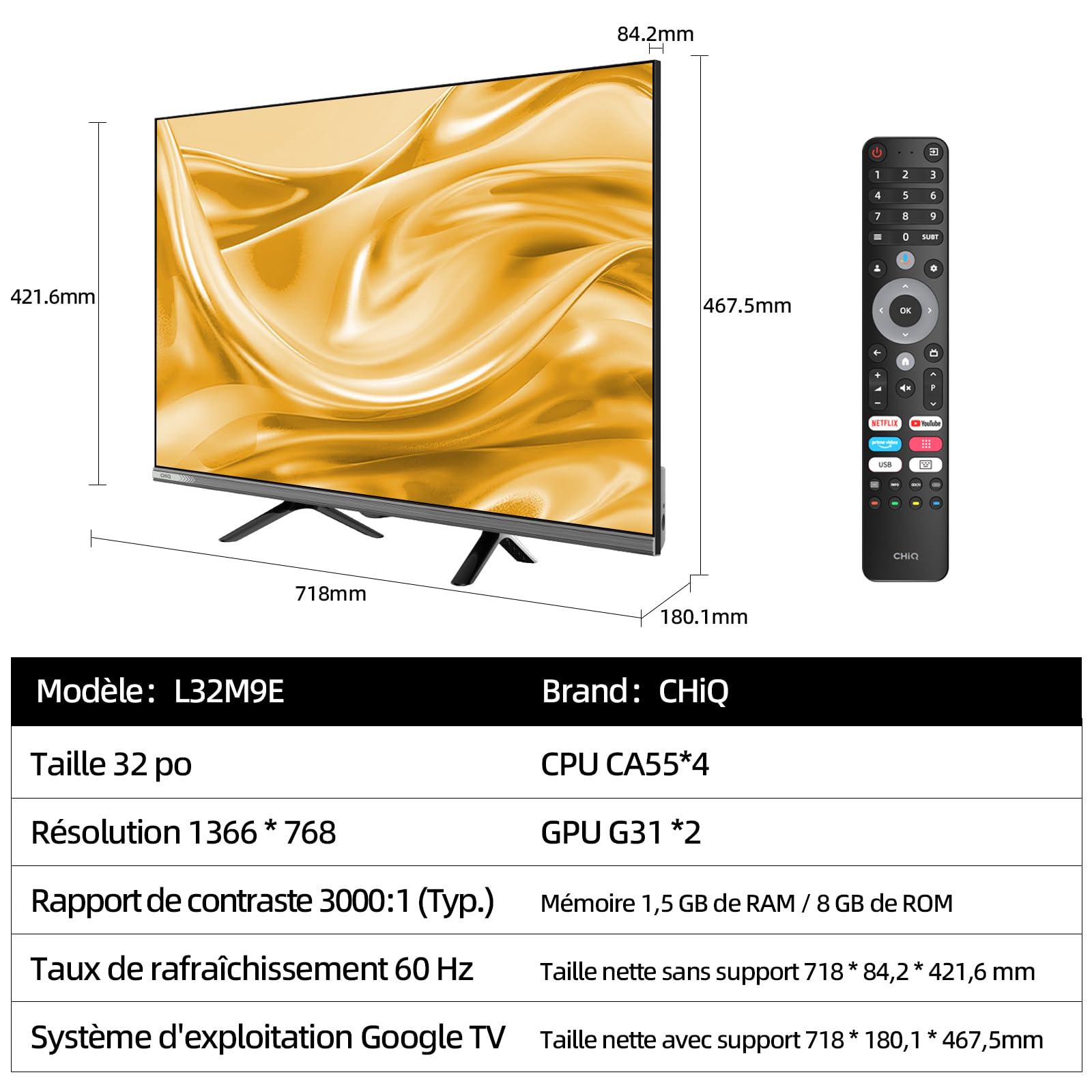 CHiQ L32M9E Téléviseur Smart 32 Pouces (80 cm), HDR10, Google TV, Tuner Triple, Dolby Audio, DBX-TV, HDMI, USB, sans Cadre en métal, Noir