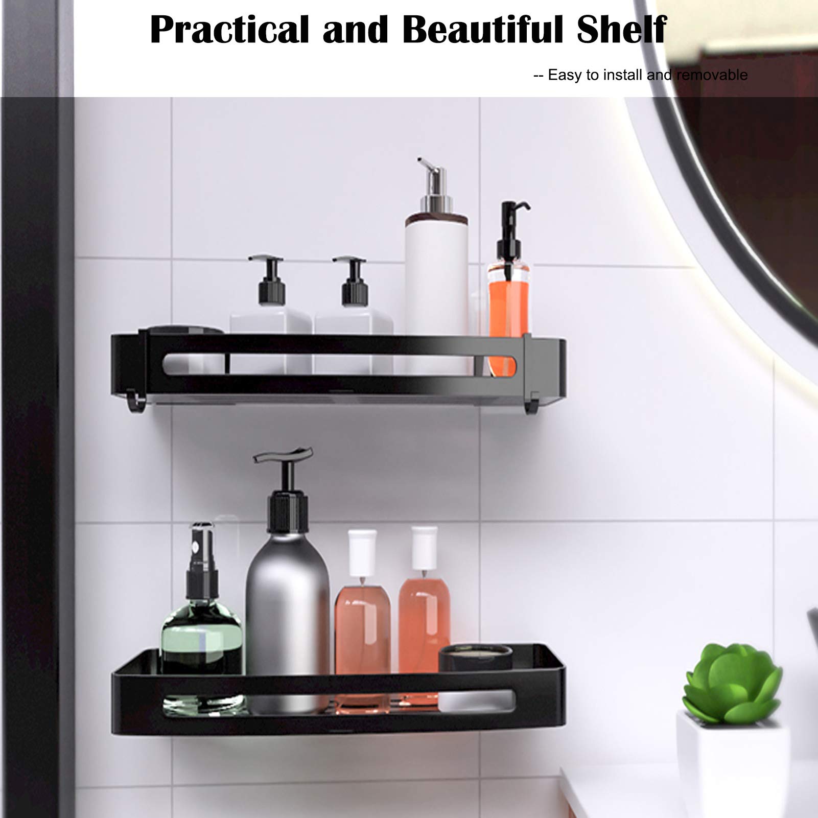 Estante de ducha adhesivo para baño, sin taladrar, aluminio inoxidable con 2 ganchos, color negro, 32 x 13 cm, estante de ahorro de espacio para almacenamiento de ducha