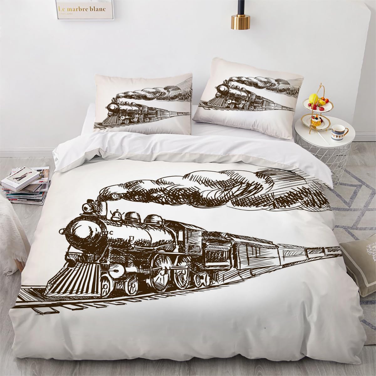 Housse de couette trains 140x200cm infroissable, parure de lit avec fermeture éclair facile
