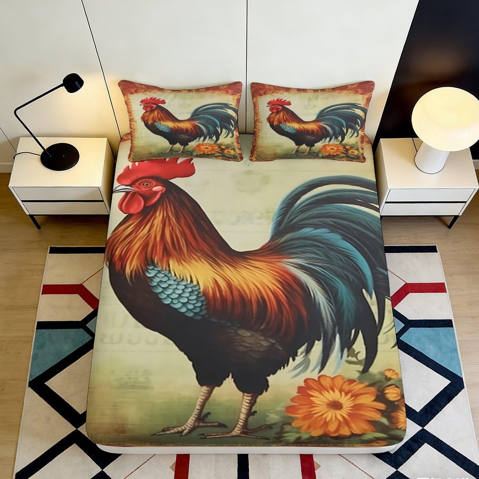 Jqzkxnhpbr Style-10 3D Printed Rooster Sunrise Fitted Sheet Microfiber Soft Breathable Farmhouse Mattress Cover Bedroom Decor 90X200x25cm