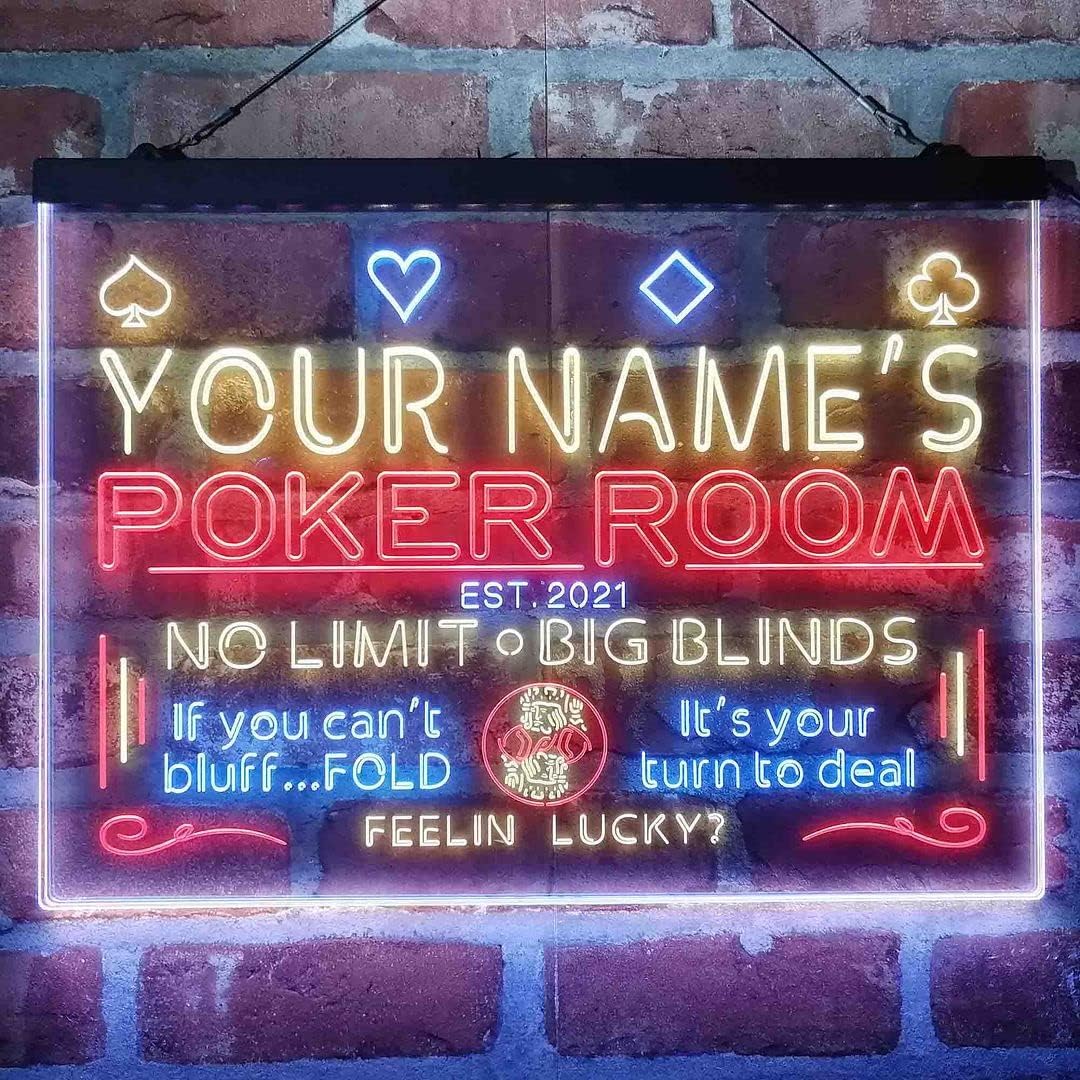Personalized Poker Room Casino Tri-Color LED Neon Light Sign Customize Name Date Text Quote Font White & Red & Yellow 17.7 x 13.6 Inches st9s43-pd1-tm-wry
