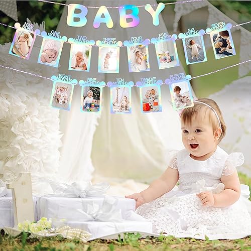 Miniatura 4 de WNINK Cartel holográfico para fotos de primer cumpleaños para bebés de recién nacido a 12 meses, decoraciones iridiscentes de primer cumpleaños,