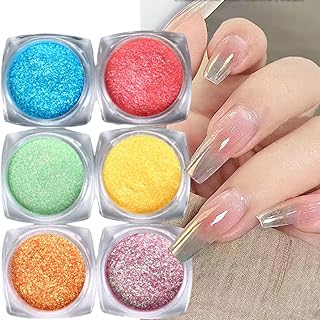 Doneace 6 Colors Moonlight Pearl Mirror Powder Nail Pigment Nails Magic Metallic Chrome Nail Powder Holographic Effect Aurora Iridescent Pearlescent Manicure Pigments for Nail Art Design (Iridescent)