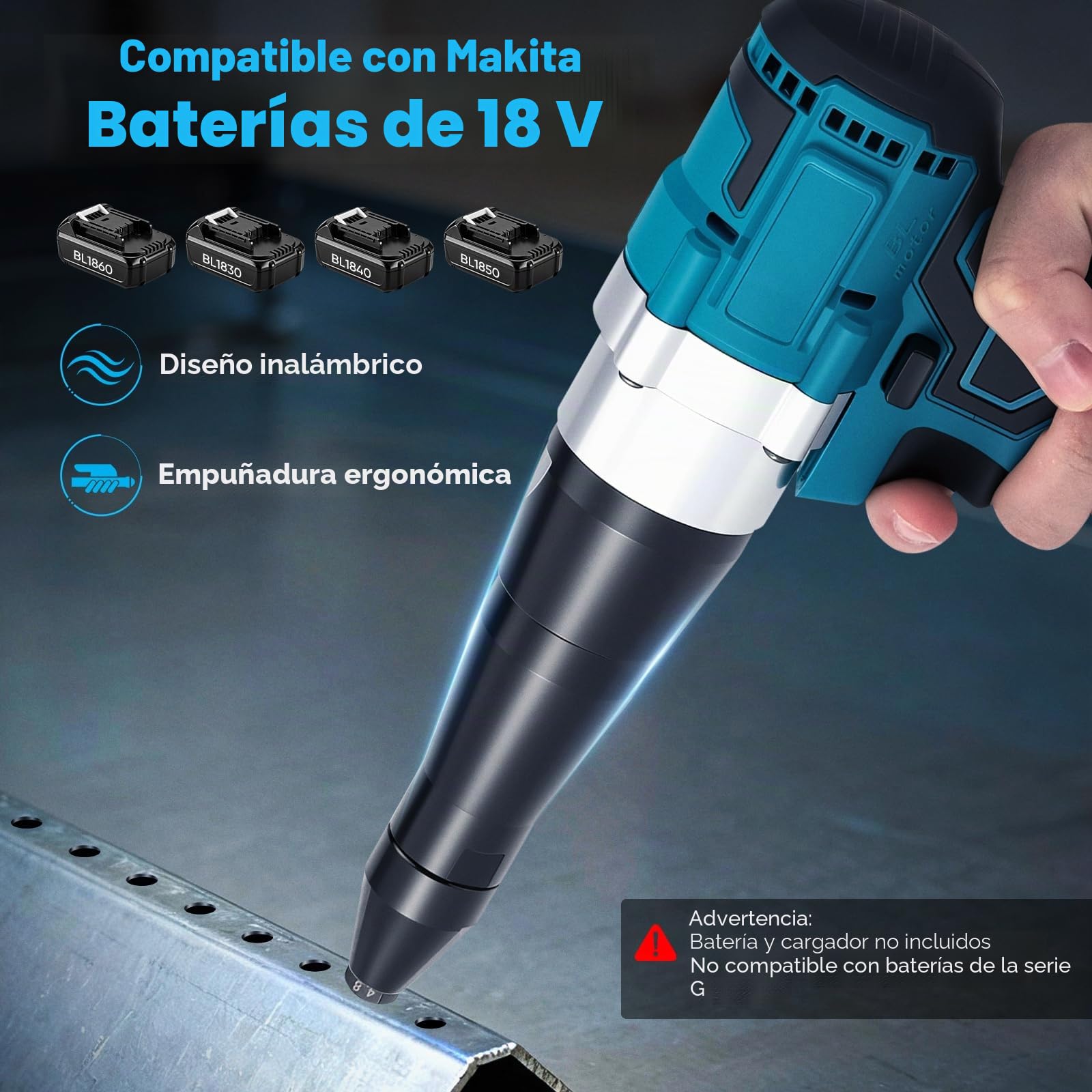 Remachadora inalámbrica compatible con Makita 18V, remachadora inalámbrica con motor sin escobillas, 3 boquillas para remaches de aluminio y acero inoxidable de 2,4-5,0 mm, con luz LED