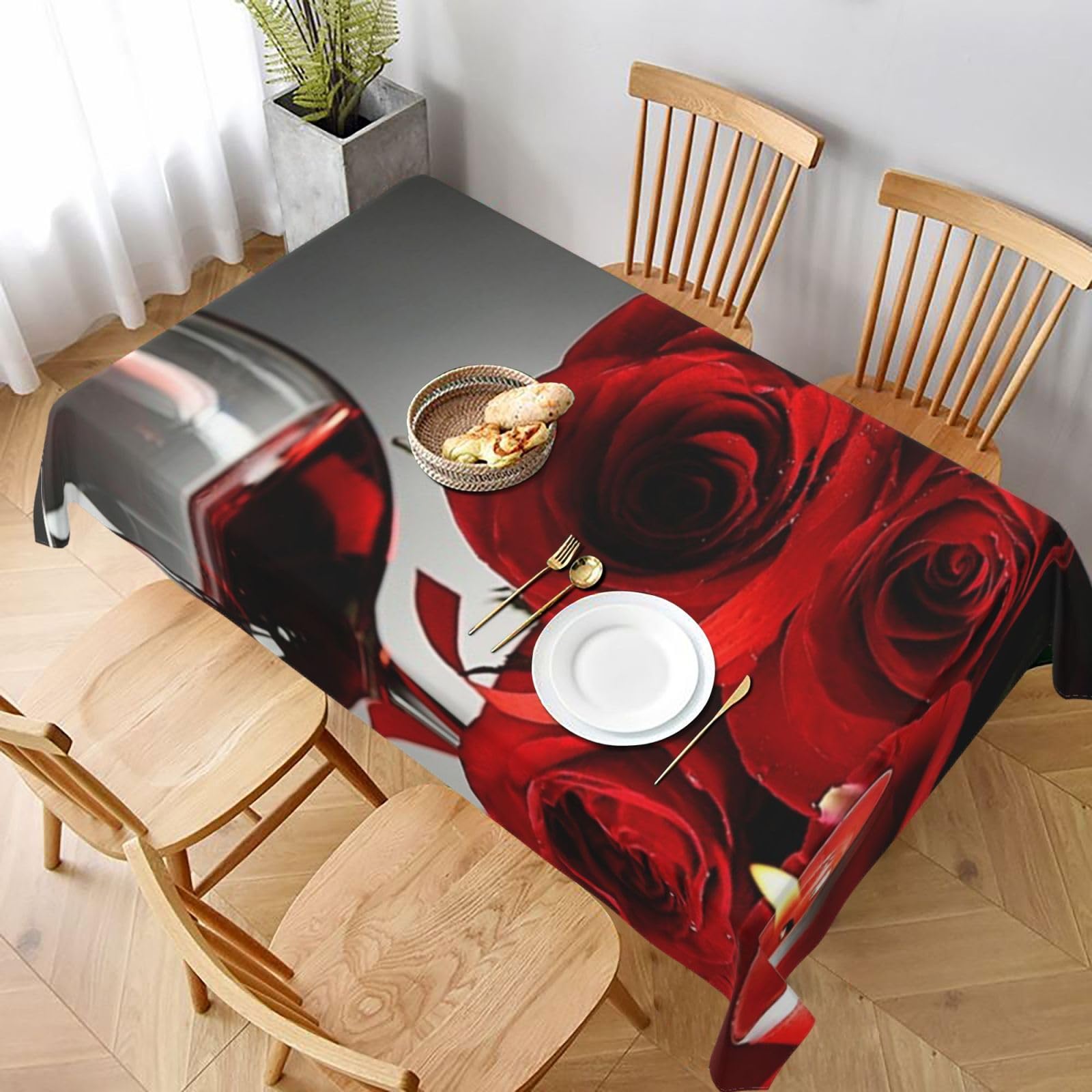 BNVSADC Red Wine Rose and Candle Printed Rectangle Tablecloth 228x152 CM, Water Resistant Polyester Table Cloth Decorative Fabric Table Covers for Kitchen Dining Table Parties Camping