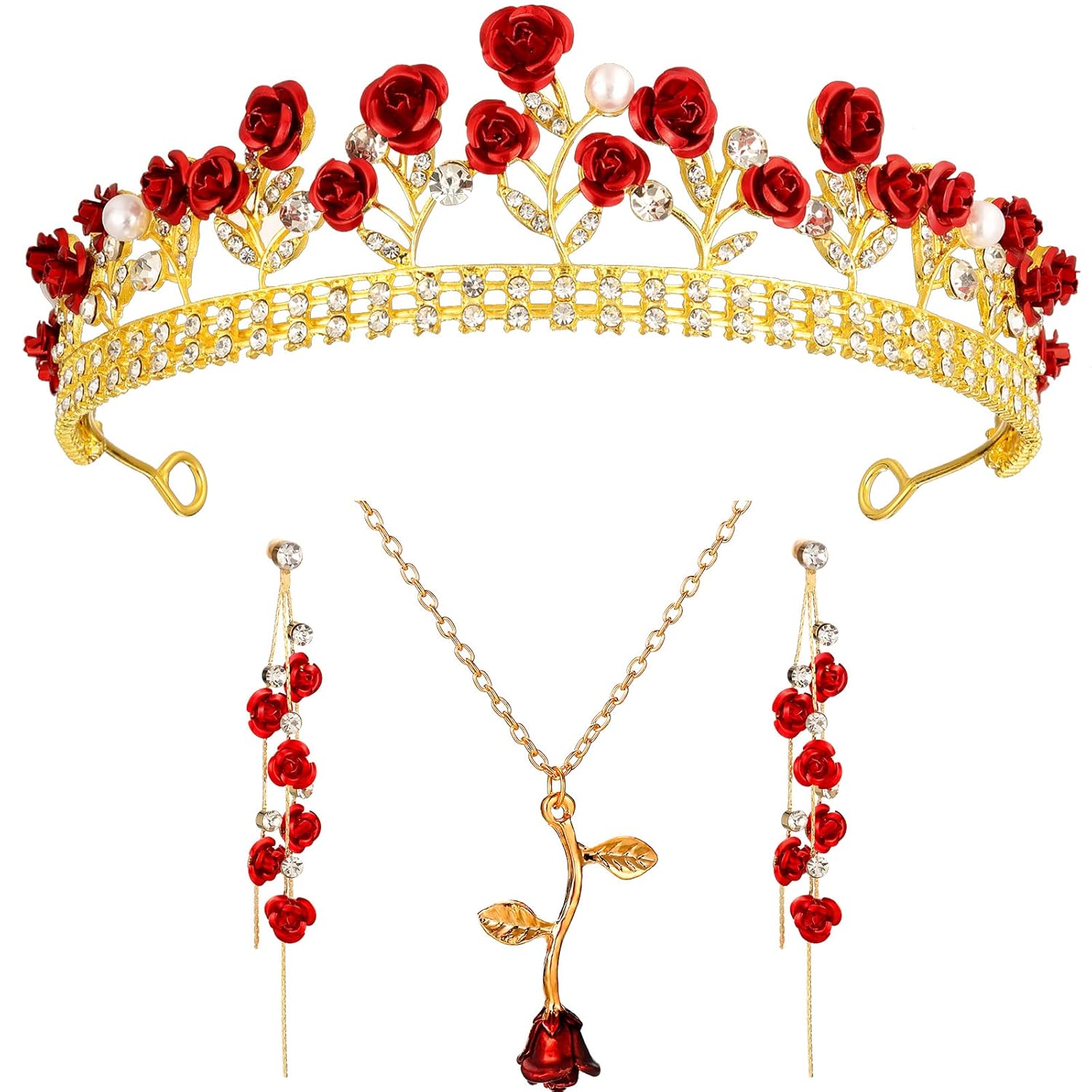 Sureio Bridal Wedding Queen Crowns Red Rose Tiaras Personalized Long Necklaces Rose Flower Dangle Drop Stud Earrings Pendant Flower Jewelry for Women Wedding Engagement Halloween Birthday Party Sureio Bridal Wedding Queen Crowns Red Rose Tiaras Personalized Long Necklaces Rose Flower Dangle Drop Stud Earrings Pendant Flower Jewelry for Women Wedding Engagement Halloween Birthday Party