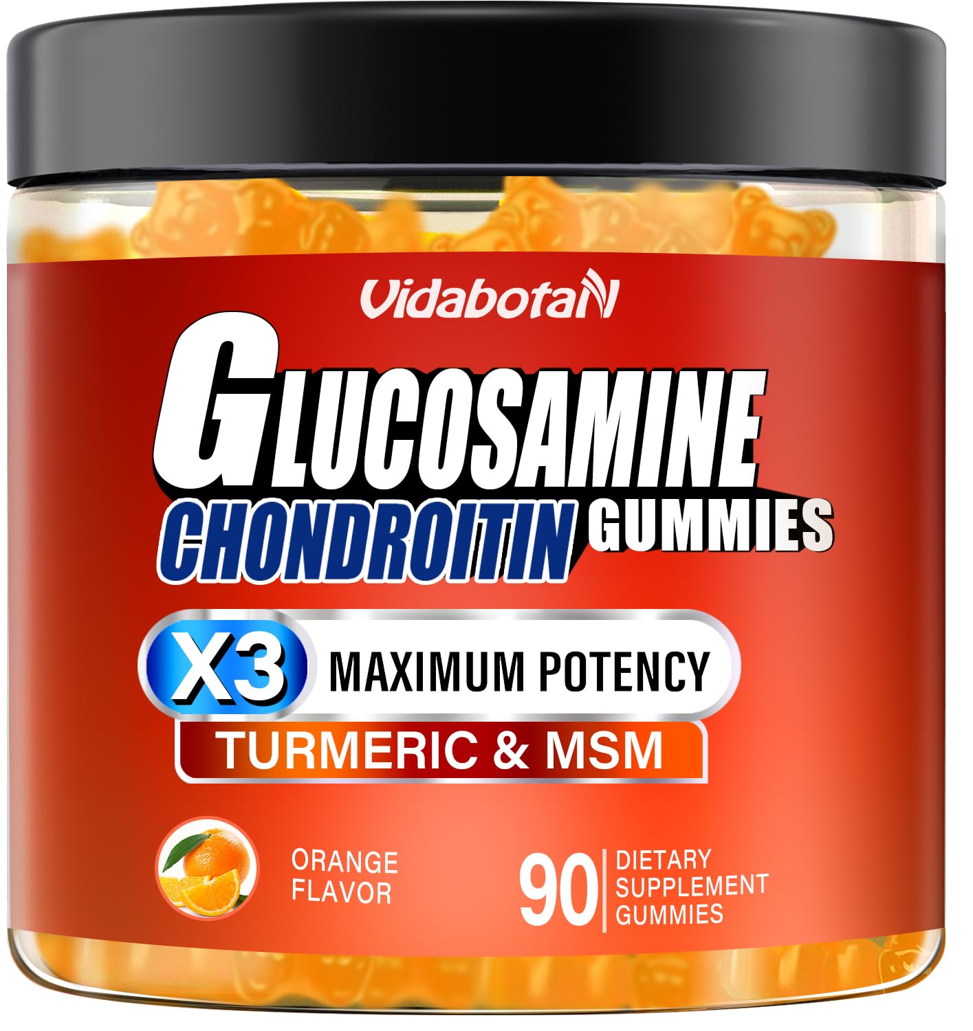 Sugar Free Glucosamine Chondroitin Gummgies, Extra Strength 1500mg with MSM &Turmeric， Orange Flavor, Gluten-Free Gummies (90 Count)