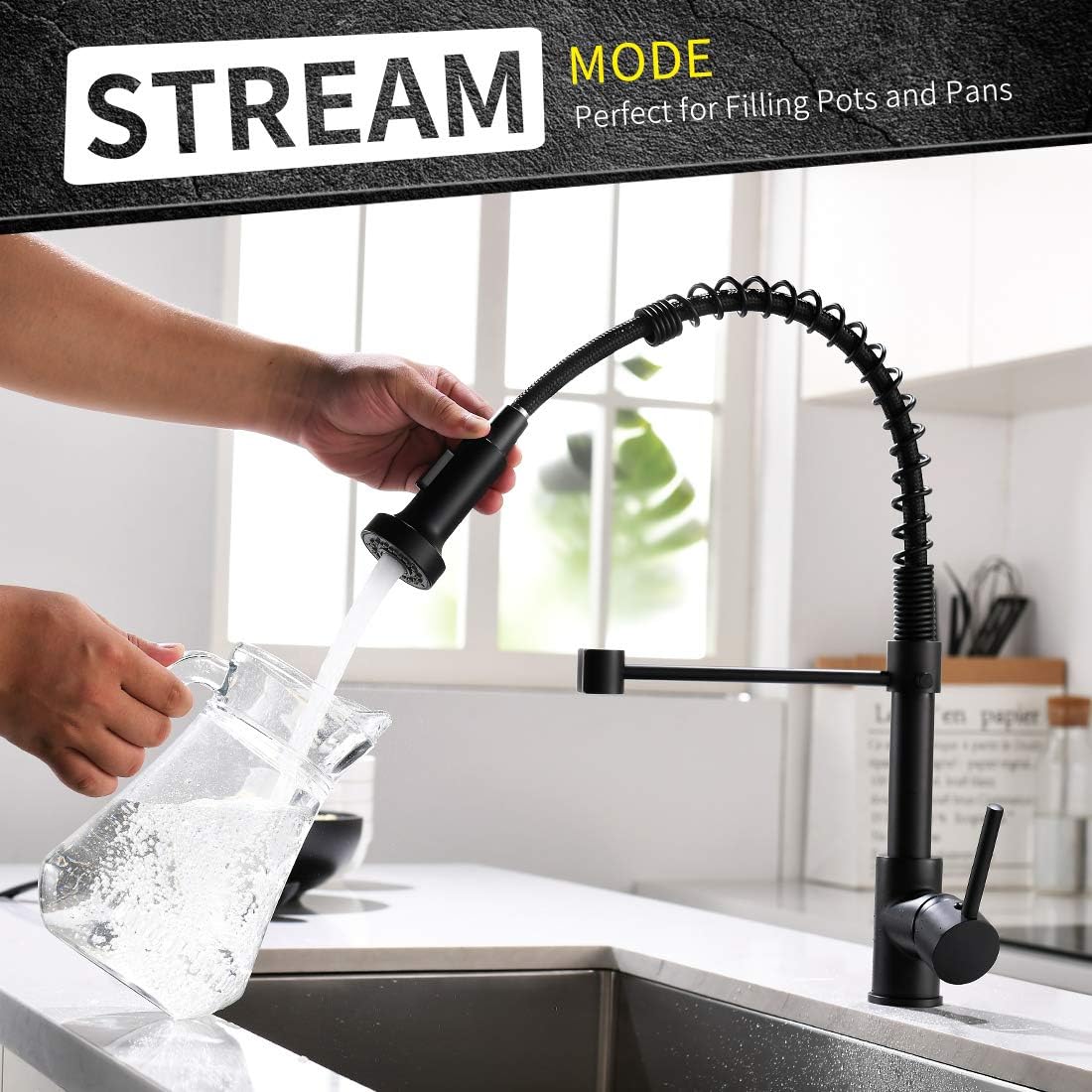 Qidian Kitchen Faucet with Pull Down Sprayer,Commercial Single Handle Kitchen Sink Faucet,Matte Black…