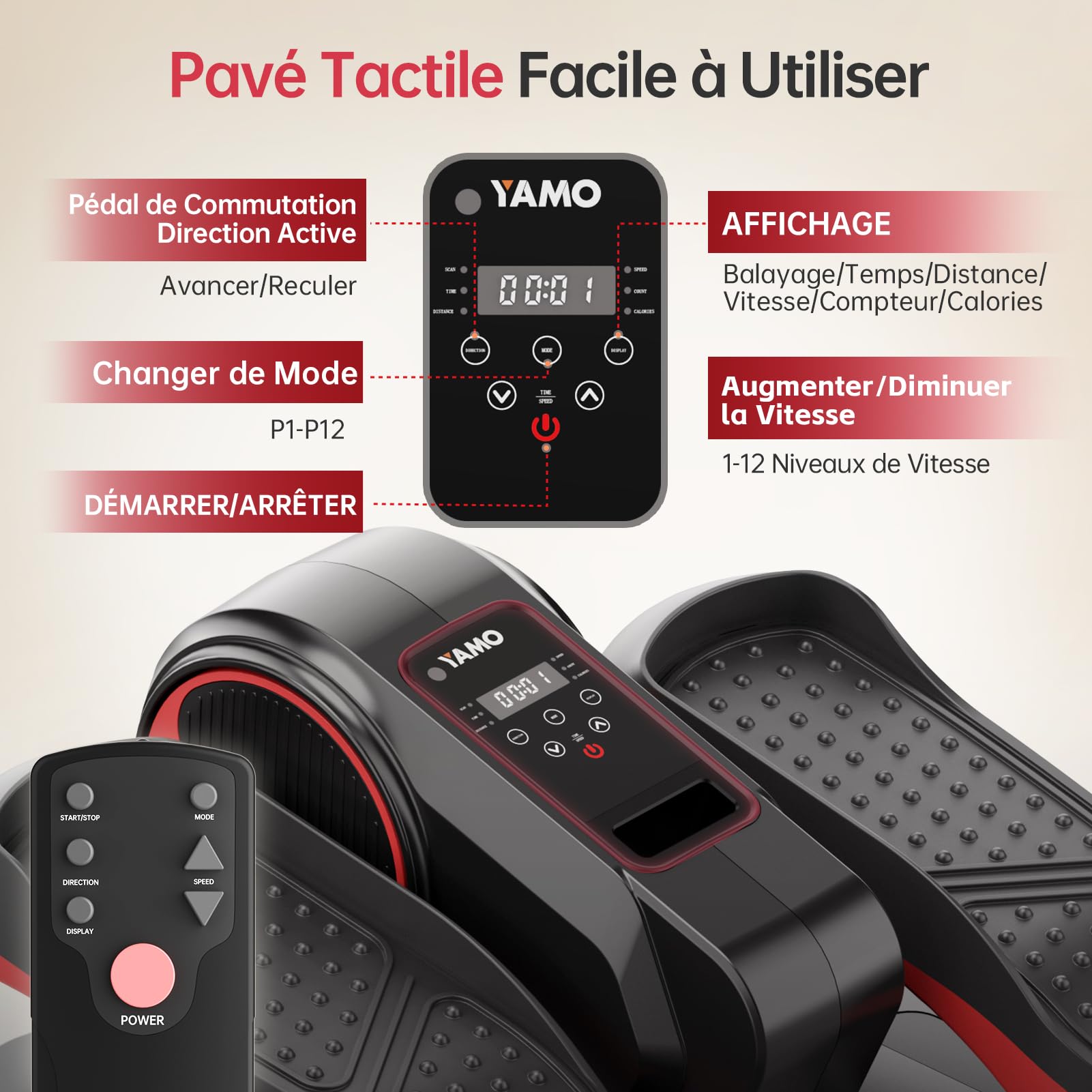YAMO Appareil Elliptique de Bureau, Vélo Elliptique Électrique avec Télécommande et Écran LED, 12 Vitesses Réglables