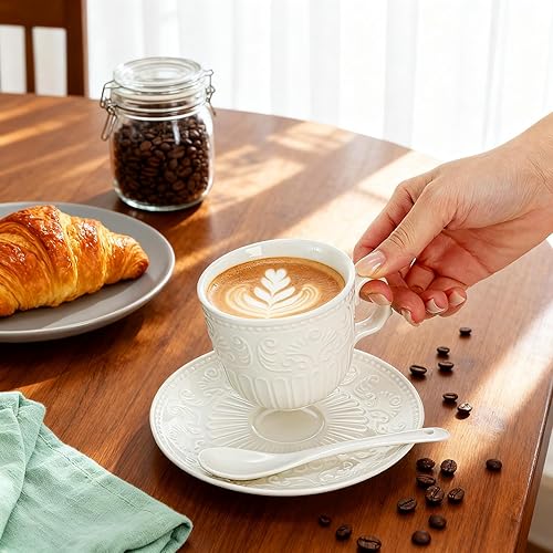 Miniatura 6 de Juego de 6 tazas de té y platillo, taza de té de porcelana vintage de 6 onzas con cuchara, juegos únicos de tazas de capuchino floral en relieve