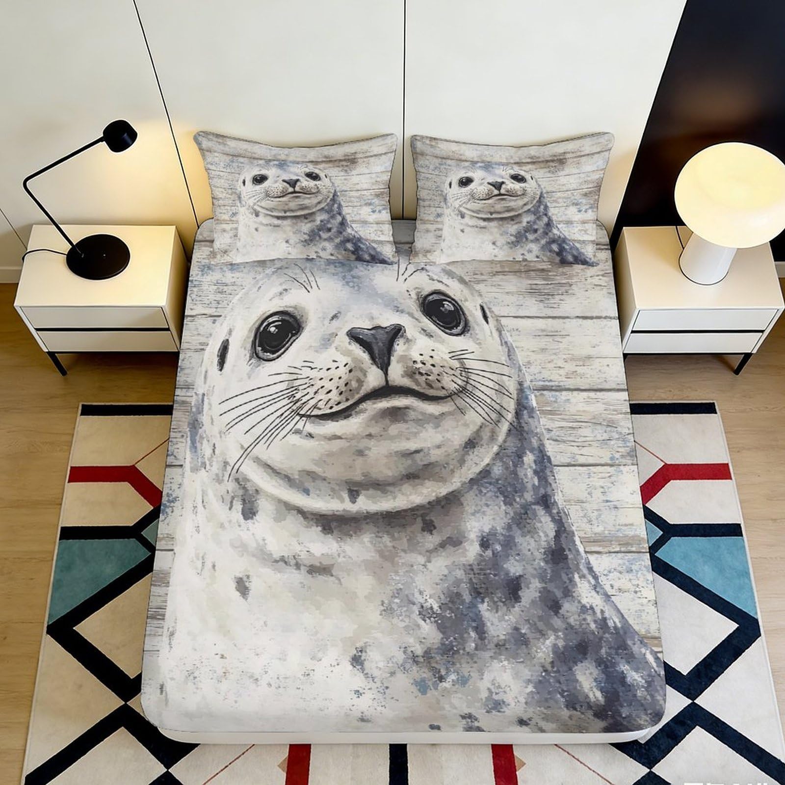 Pnayamiorkfel Style-9 3D Printed Seal Illustration Fitted Sheet Microfiber Soft Anti-Slip Bed Cover For Bedroom Guest Room Decor 90X200x25cm