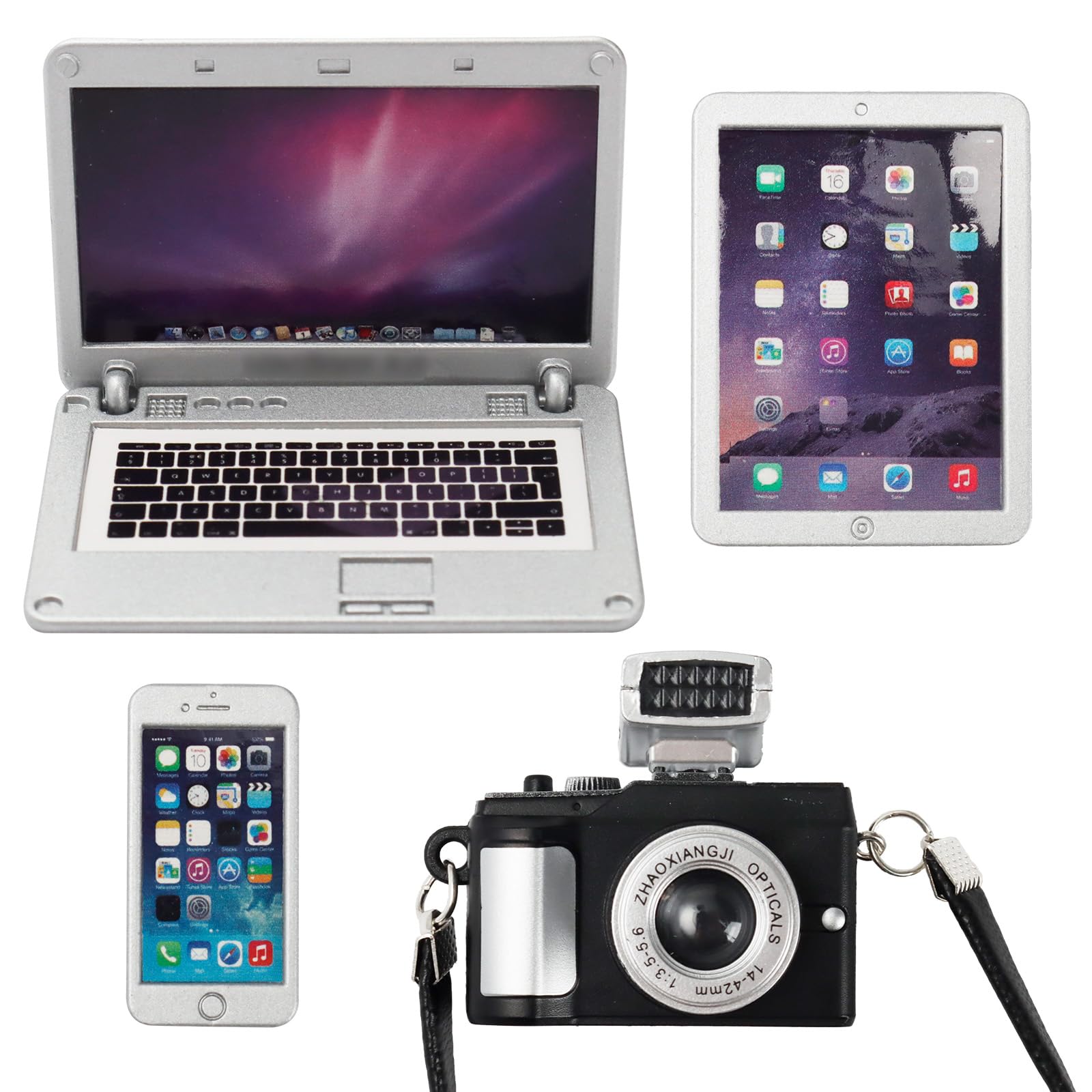 4 Pcs Miniature Laptop Computer Tablet Phone Camera Simulation Accessories Mini Laptop Computer Phone Camera Ornaments for 1/4 1/6 1/12 Scale Mini House Accessories