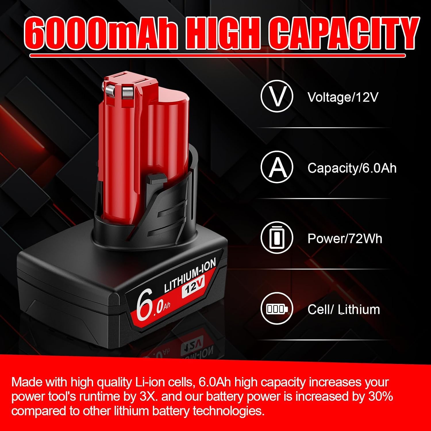2X 12V 6.0Ah/6000mAh Compatible with for Milwaukee M12, Red-Black-2 - Image 2
