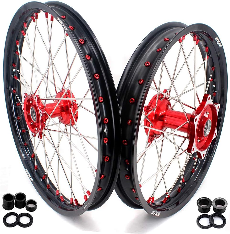 KKE 1.6 * 21"/2.15 * 19'' Wheels Fit CR125R CR250R 2002-2013; CRF250R 2004-2013 CRF450R 2002-2012 HONDA MX Cast Wheels Rims Set Red Nipple