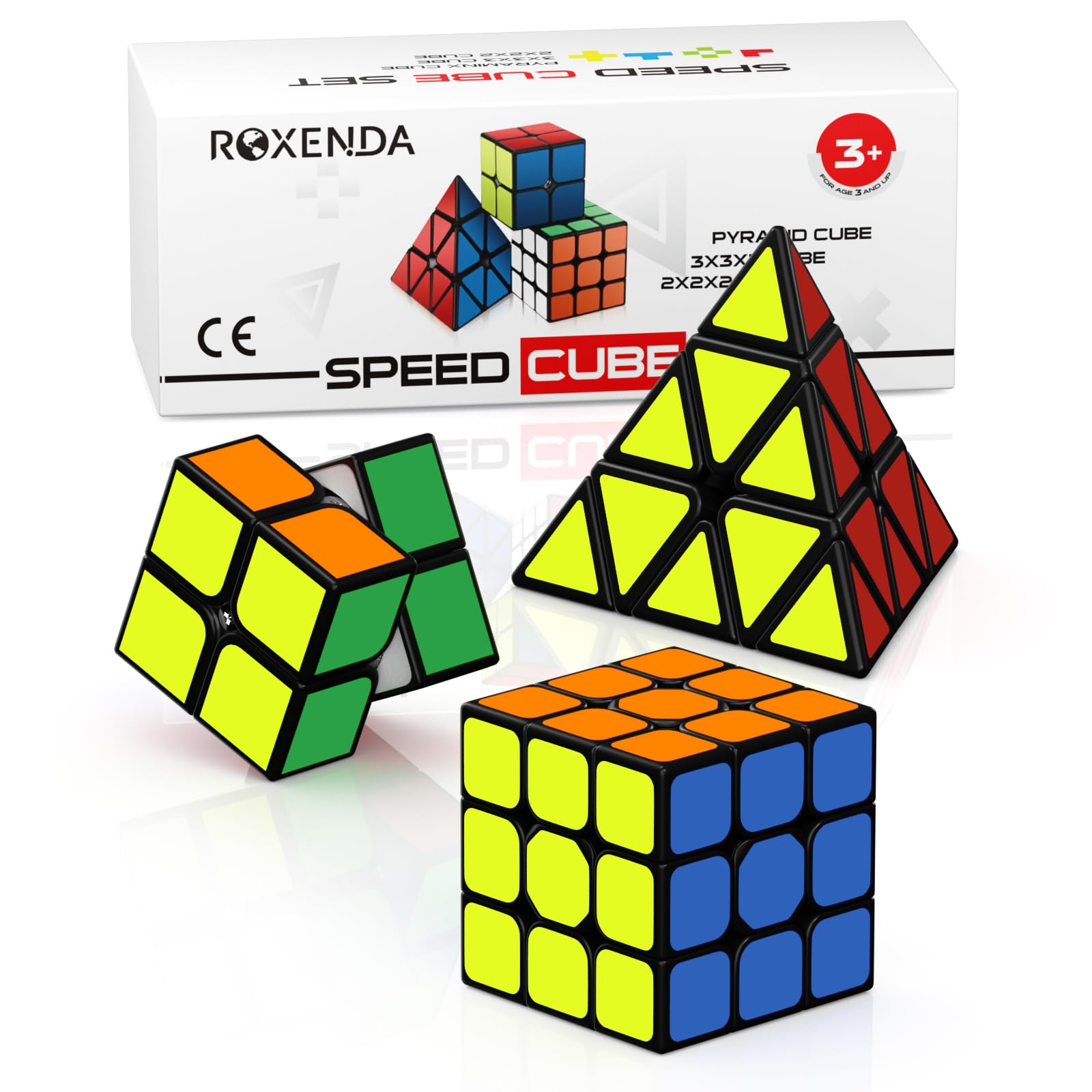 ROXENDA Speed Cube Set, 2X2 3X3 Pyramid Speed Cube Stickerless Fast Cube with Instruction (Sticker cube set)