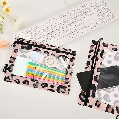 Miniatura 4 de Estuche para lápices con estampado de leopardo y guepardo rosa para carpeta de 3 anillos, 2 bolsas para lápices con cremallera, estuche transparente