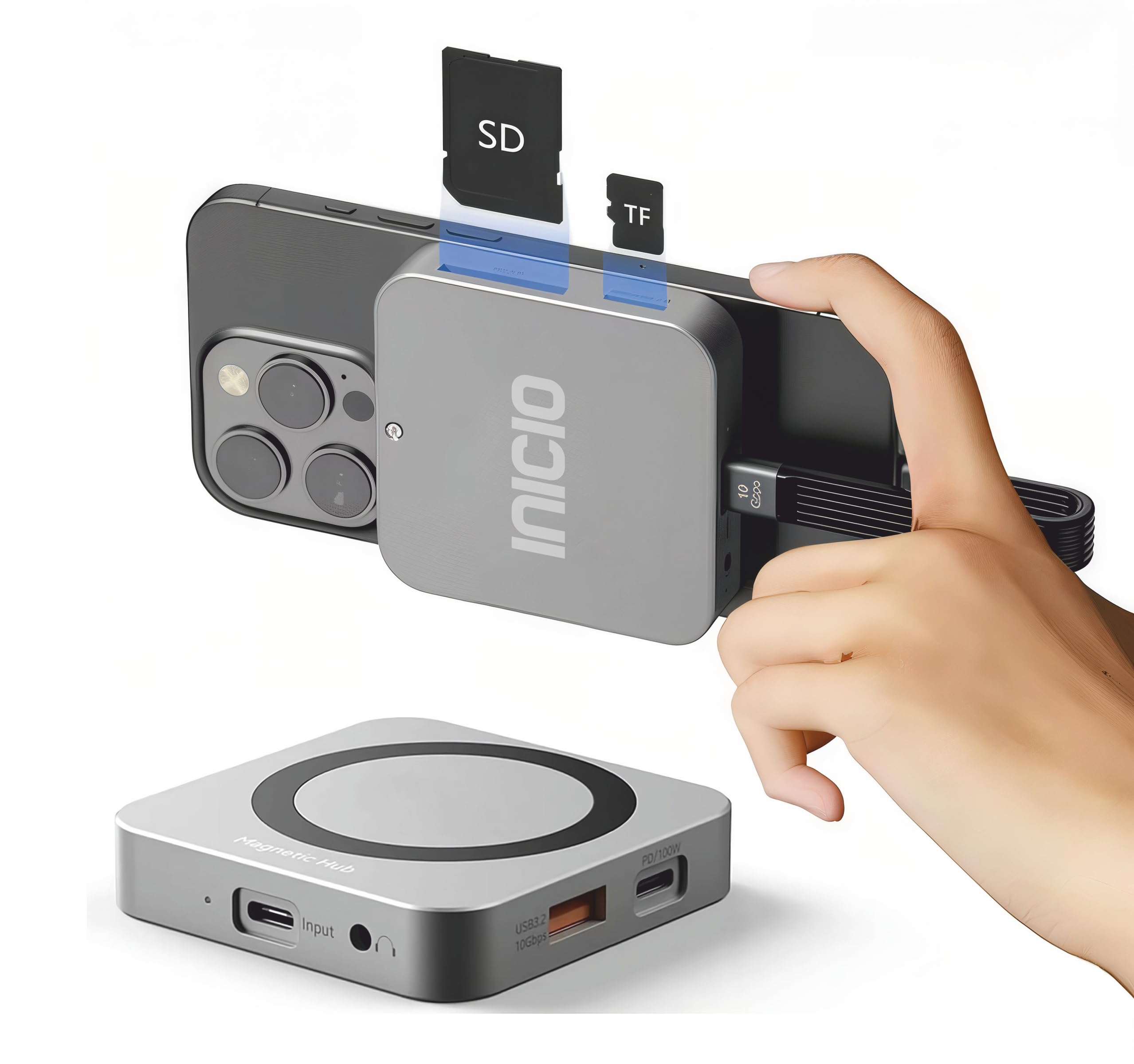 INICIO Magnetic M.2 2230 NVMe SSD Enclosure with MagSafe, 8 in 1 Hub USB C 3.2 Gen2 4K HDMI SD TF Card Reader PD100W 10Gbps Adapter for iPhone 16 15 Pro Max ProRes MacBook iPad Pro Air S25 Android
