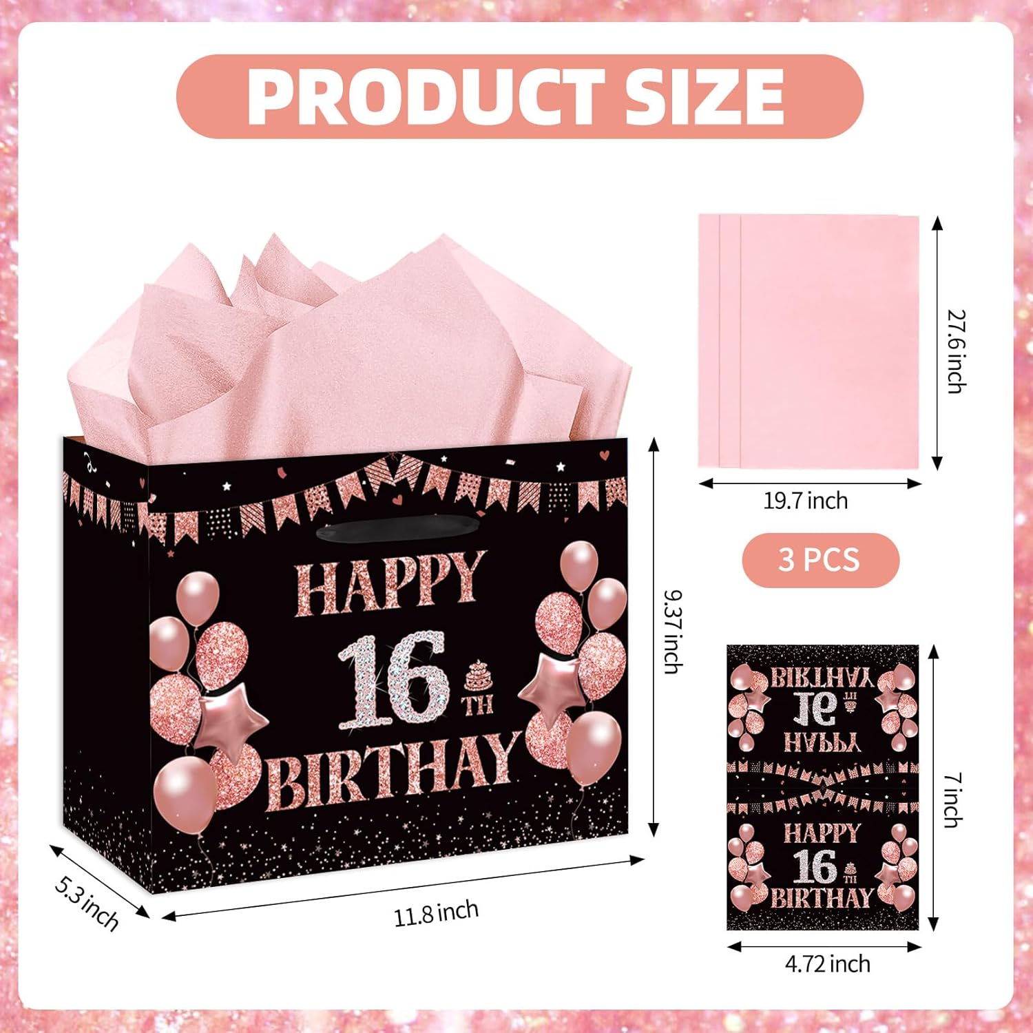 EIGHTSTATES Sweet 16 Birthday Gift Bag, Black Rose Gold Happy 16th Birthday Gift Wrap Bag, with Card Tissue Paper, for Girls 16th Bday Party Decorations Gift Wrapping, Bday Decorations Party Supplies - Image 7