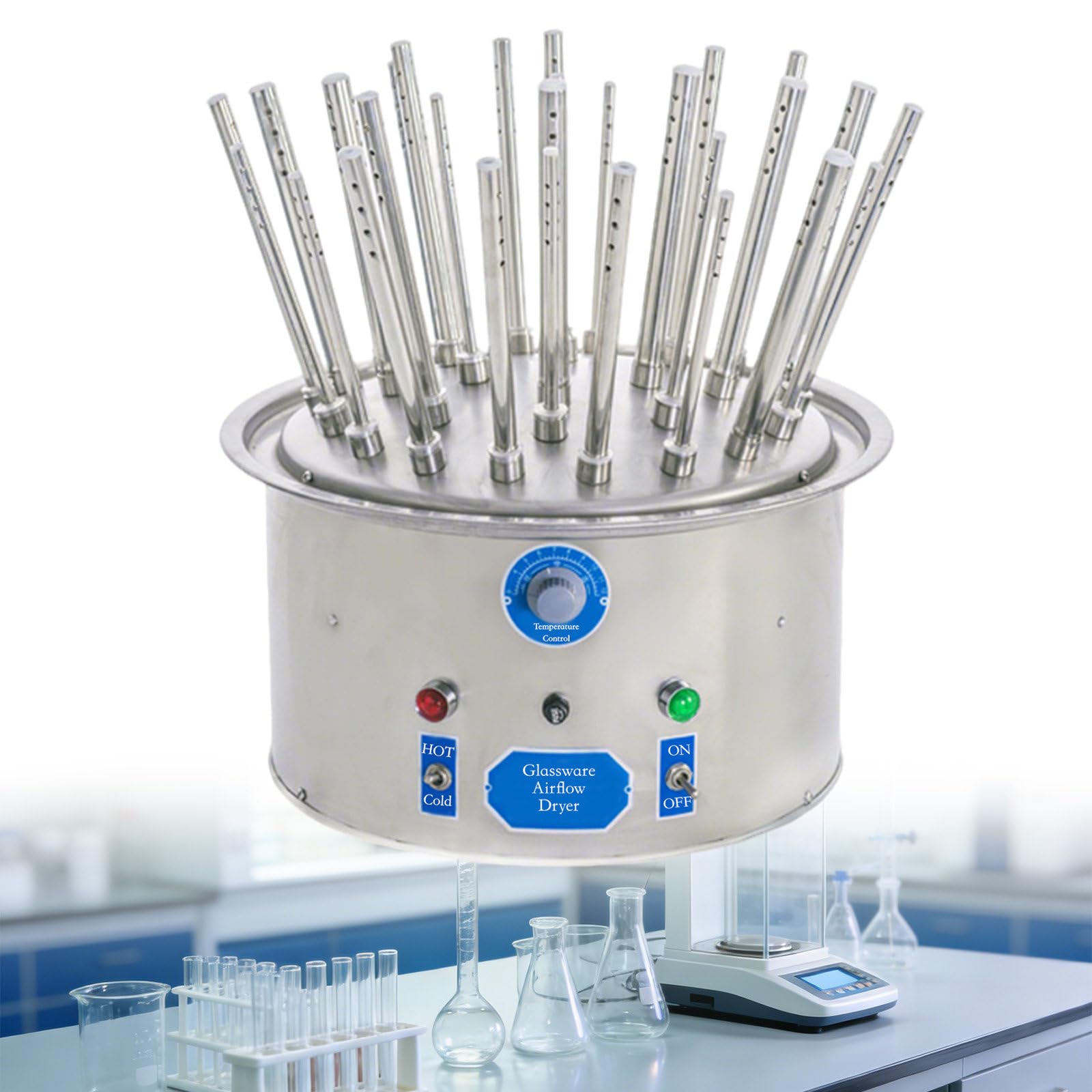 Suszarka do Szkła Laboratoryjnego, Elektryczna Suszarka z Przepływem Powietrza, 30 Probówek, Zakres Regulacji Temperatury 40-120℃, Odpowiednia do Szklanych Probówek i Zlewek 220V