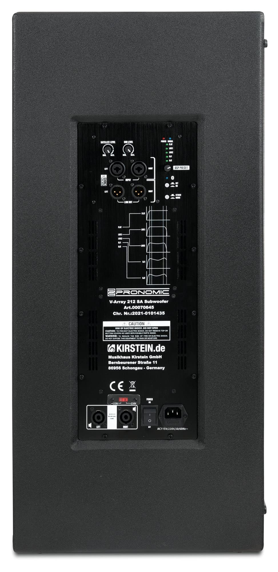 Pronomic V-Array Large Set, Subwoofer 212, Equipamiento: 2X woofer de 12" | DSP: procesador DSP de muestreo 96 kHz, 48 bits, Receptor Bluetooth® 4.2, Presets DSP: FLAT, LIVE1, LIVE2, Dimensiones: 38