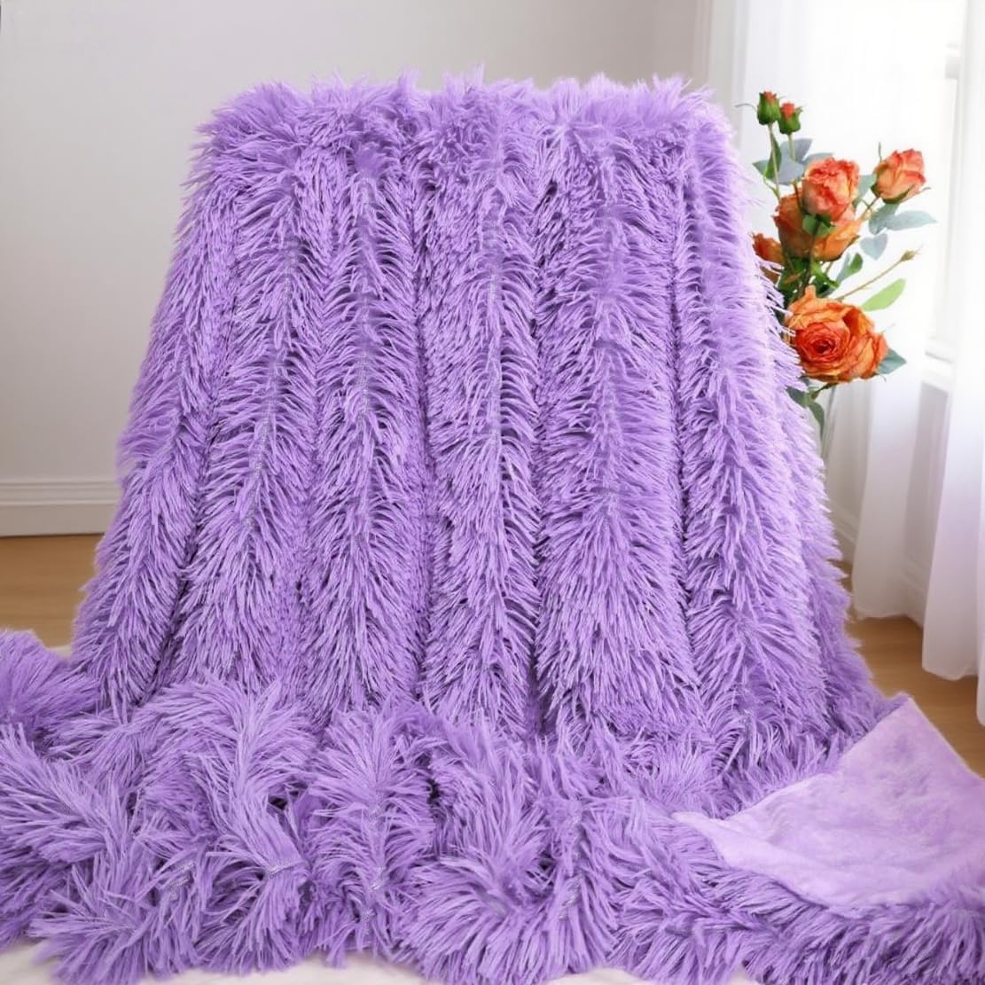 Plush Super Soft Blanket Bedding Sofa Cover Furry Fuzzy Fur Warm Throw Qulit Cozy Couch Blanket for Winter (63"x79", Purple) - Image 2