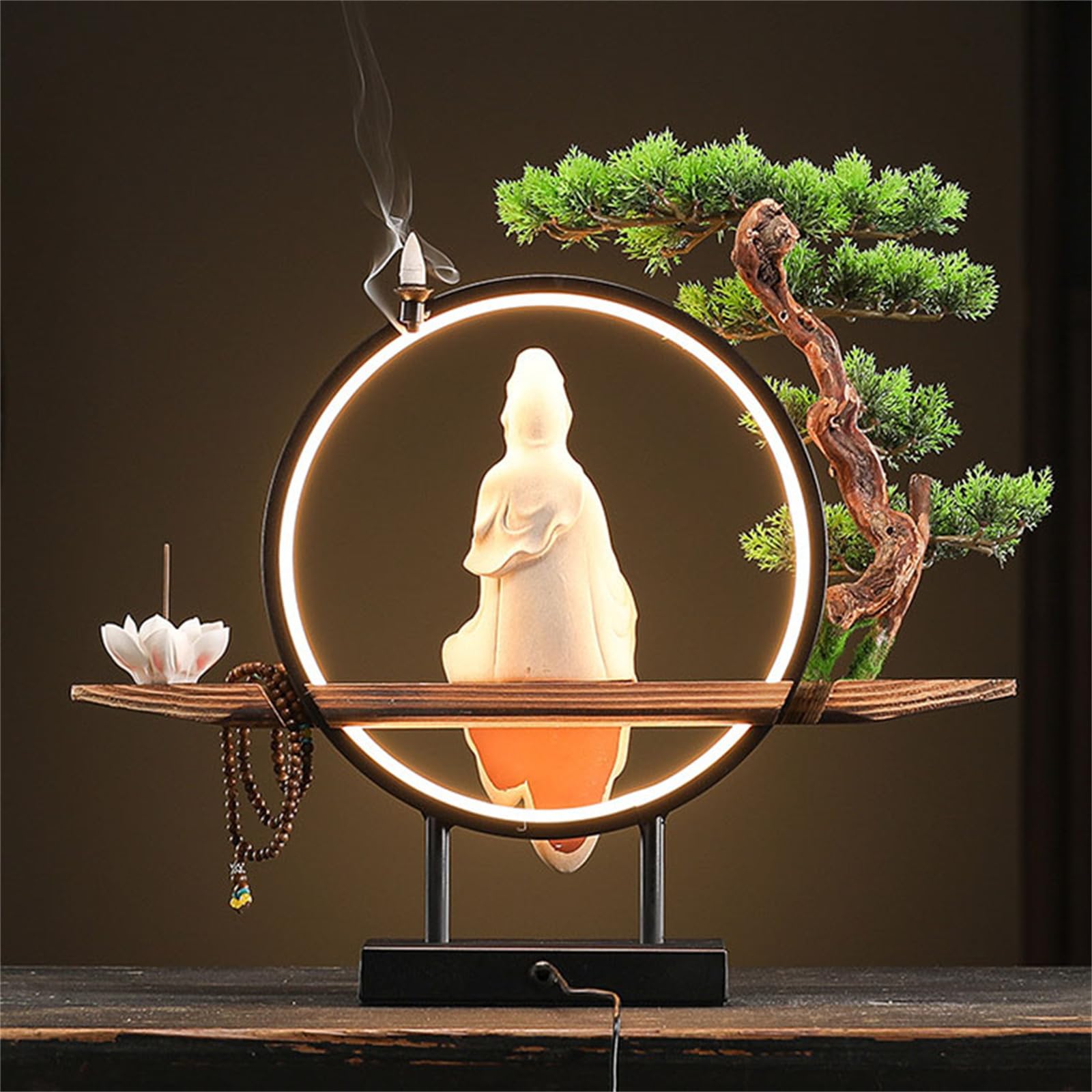 GAENZA Estatua De Buda Kwan Yin De Cerámica, Quemador De Incienso para Interiores con Anillo De Luz LED, Figura Decorativa De Buda con Forma De Bonsái, Decoración para El Jardín Y La Oficina,06