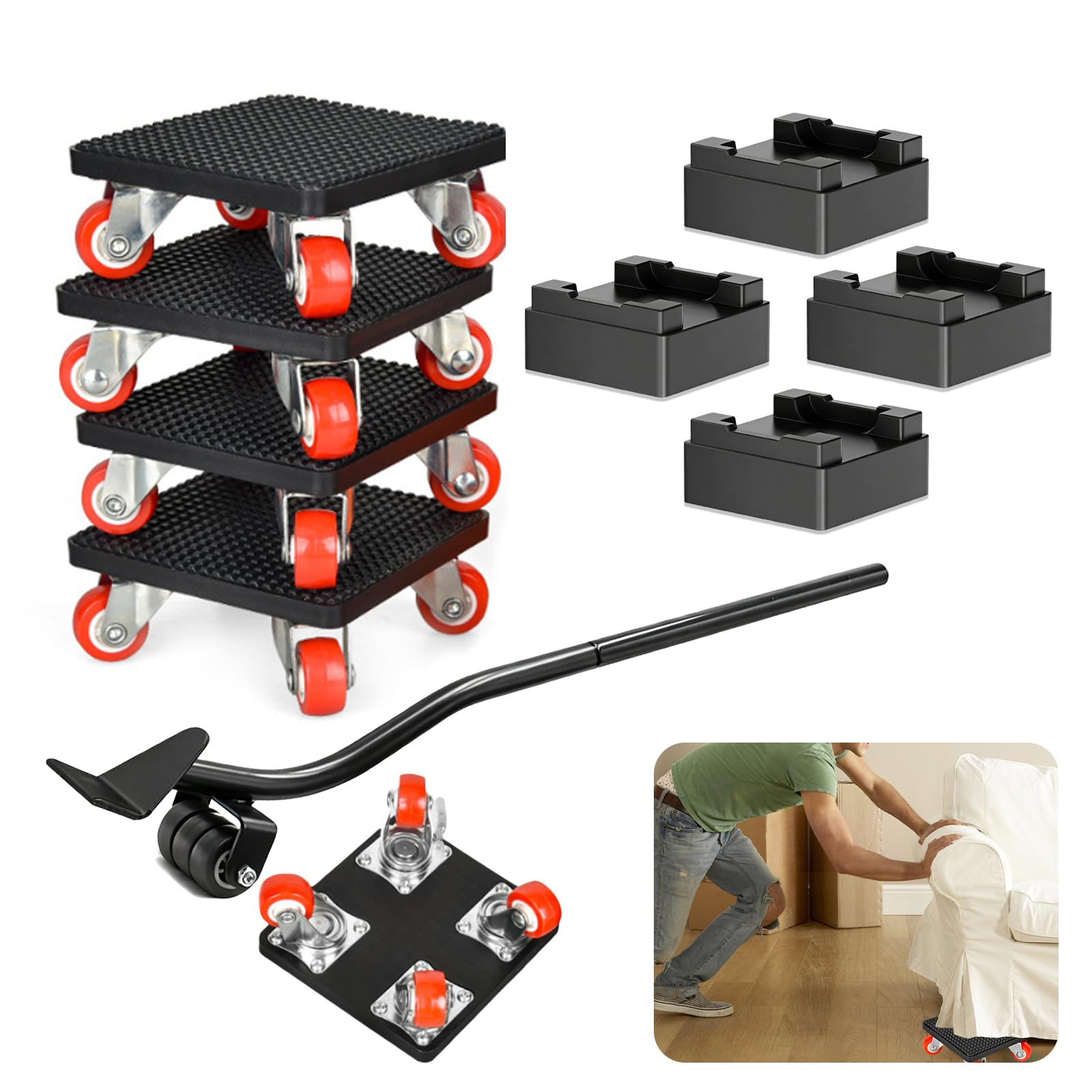 Kit de Leve Meuble, roulettes pour Meubles avec 630 mm Barre d'extension, 4 Roue Rotative à 360 Degrés, Charge Maximale 500 kg, pour Déplacement de Réfrigérateurs, Canapé, Machine à Laver, etc.