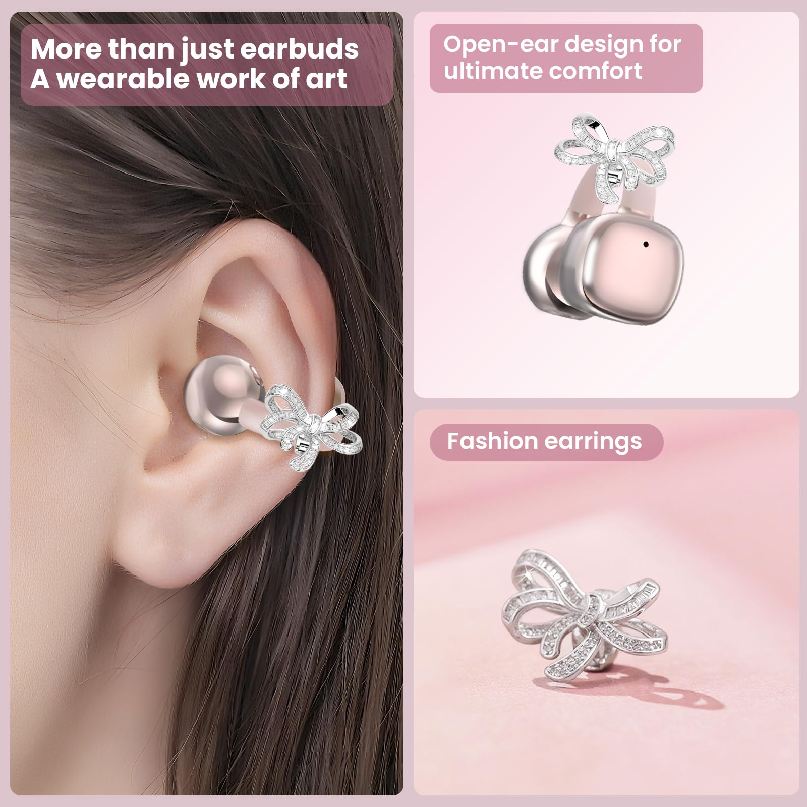 Alutoria Cuffie Auricolari Aperte, Touchscreen Intelligente Auricolare Con Clip, Cuffia Traduzione, 3.7g Ultraleggero Comfort, 65 ore di Riproduzione, Auricolari Open Ear Bluetooth 5.4 (ROSA)